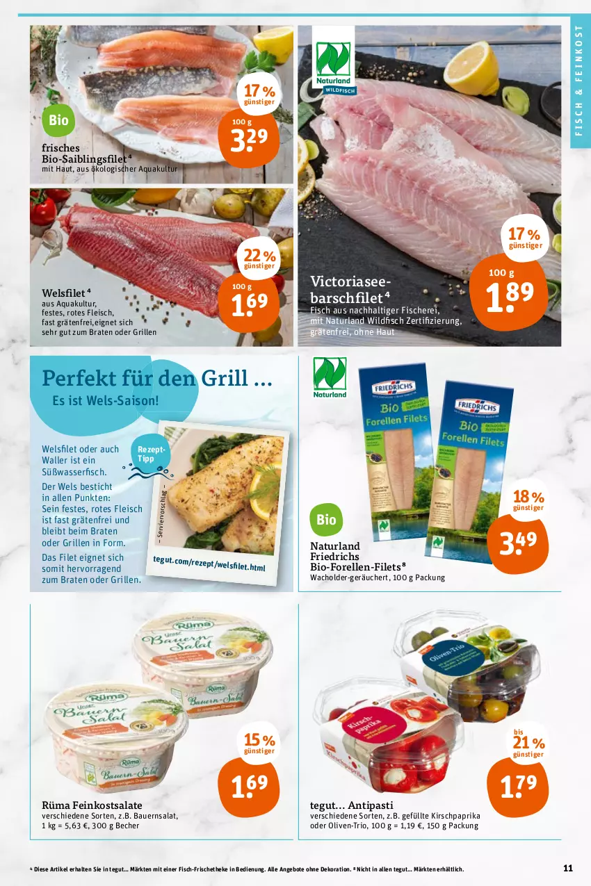 Aktueller Prospekt Tegut - Angebote der Woche - von 19.04 bis 23.04.2022 - strona 11 - produkty: angebot, angebote, antipasti, aqua, asti, auer, Bau, Bauer, Bauernsalat, Becher, bio, braten, dekoration, eis, elle, feinkost, feinkostsalate, filet, filets, fisch, fische, Fischer, fleisch, forelle, grill, HP, kirsch, natur, naturland, olive, oliven, paprika, rel, rezept, Ria, Saibling, salat, salate, Schere, Ti, wasser, Wels, Wild