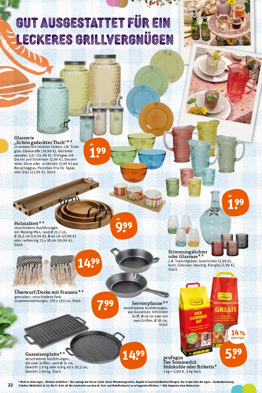 Aktueller Prospekt Tegut - Angebote der Woche - von 19.04 bis 23.04.2022 - strona 22 - produkty: angebot, angebote, Bau, briketts, Clin, decke, Deckel, dekoration, dessert, Dessertteller, dip, eis, elle, getränk, getränke, getränkespender, Gläser, Holz, holzkohle, latte, LG, merl, pfanne, profagus, sac, tablet, tablett, Tapas, tee, Teelicht, telefon, teller, Ti, tisch, trinkglas, uhr, Vase