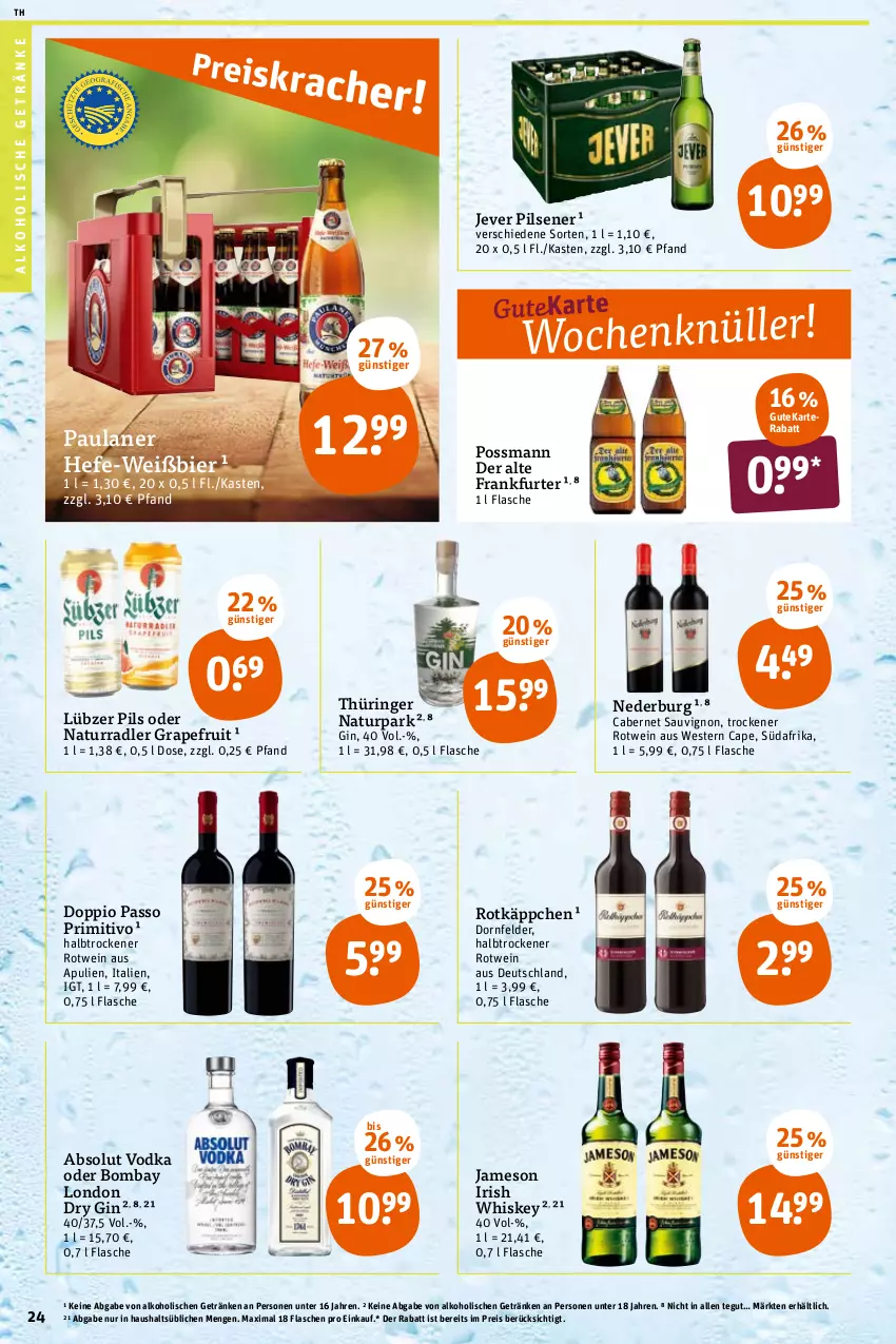 Aktueller Prospekt Tegut - Angebote der Woche - von 19.04 bis 23.04.2022 - strona 24 - produkty: Absolut Vodka, alkohol, alkoholische getränke, bier, cabernet, cabernet sauvignon, Cap, doppio passo, dornfelder, dry gin, eis, flasche, frankfurter, getränk, getränke, gin, grapefruit, Hefe, irish whiskey, jameson, jever, jever pilsener, london dry, london dry gin, Lübzer, natur, nederburg, passo, Paula, paulaner, pils, pilsener, primitivo, radler, reis, ring, rotkäppchen, rotwein, sauvignon, Ti, vodka, wein, Weste, whiskey