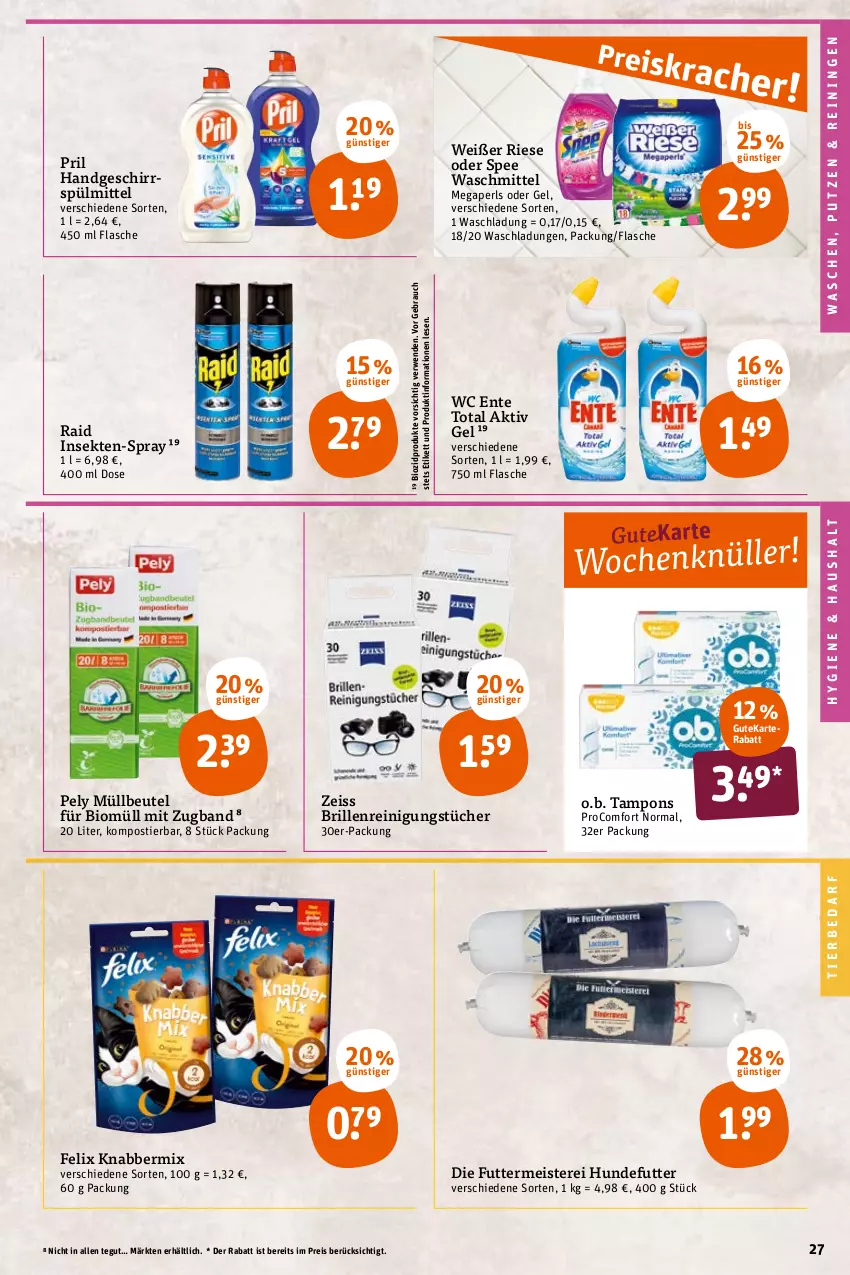 Aktueller Prospekt Tegut - Angebote der Woche - von 19.04 bis 23.04.2022 - strona 27 - produkty: aktiv gel, beutel, bio, biozidprodukte, Brille, eis, ente, felix, flasche, geschirr, geschirrspülmittel, megaperls, Meister, müllbeutel, O.b., pely, pril, procomfort, Rauch, Reinigung, reinigungstücher, reis, rwe, sekt, spee, spülmittel, Stier, Tampon, tampons, Ti, tierbedarf, tücher, waschmittel, wc ente