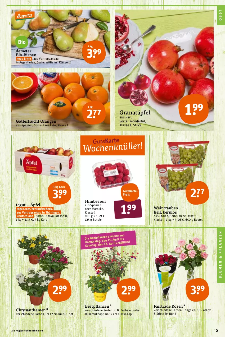 Aktueller Prospekt Tegut - Angebote der Woche - von 19.04 bis 23.04.2022 - strona 5 - produkty: angebot, angebote, Bau, beere, beeren, beetpflanzen, beutel, bio, Birnen, blume, blumen, chrysanthemen, dekoration, eis, frucht, grana, Granatäpfel, himbeer, himbeere, himbeeren, korb, obst, orange, orangen, pflanze, pflanzen, pril, Rana, reis, ring, rosen, Schal, Schale, Ti, topf, trauben, wein