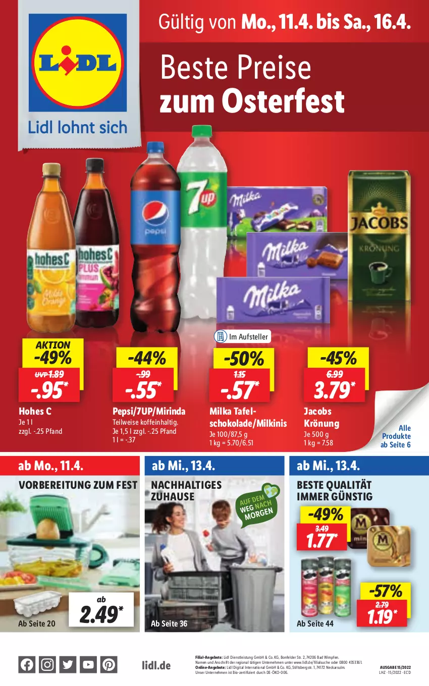 Aktueller Prospekt Lidl - Aktionsprospekt - von 11.04 bis 16.04.2022 - strona 1 - produkty: 7UP, angebot, angebote, Bad, bio, eis, elle, Hohes C, jacobs, jacobs krönung, milka, Mirinda, pepsi, reis, rind, schoko, schokolade, tafelschokolade, teller, Ti