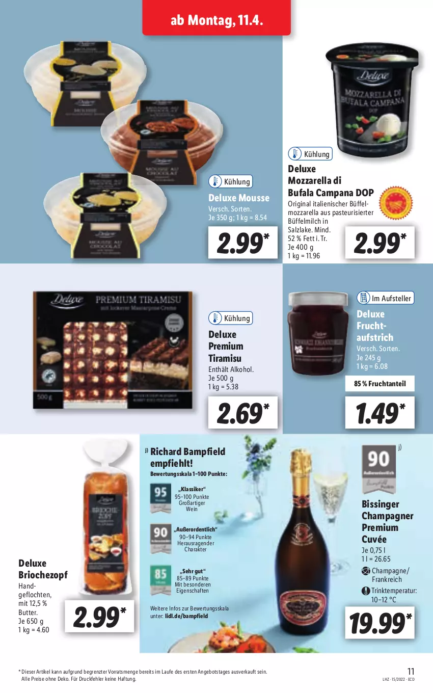 Aktueller Prospekt Lidl - Aktionsprospekt - von 11.04 bis 16.04.2022 - strona 11 - produkty: alkohol, angebot, aufstrich, butter, champagne, champagner, cuvée, di bufala, eis, elle, frucht, gin, milch, mousse, mozzarella, reis, rel, salz, teller, Ti, tiramisu, wein, ZTE