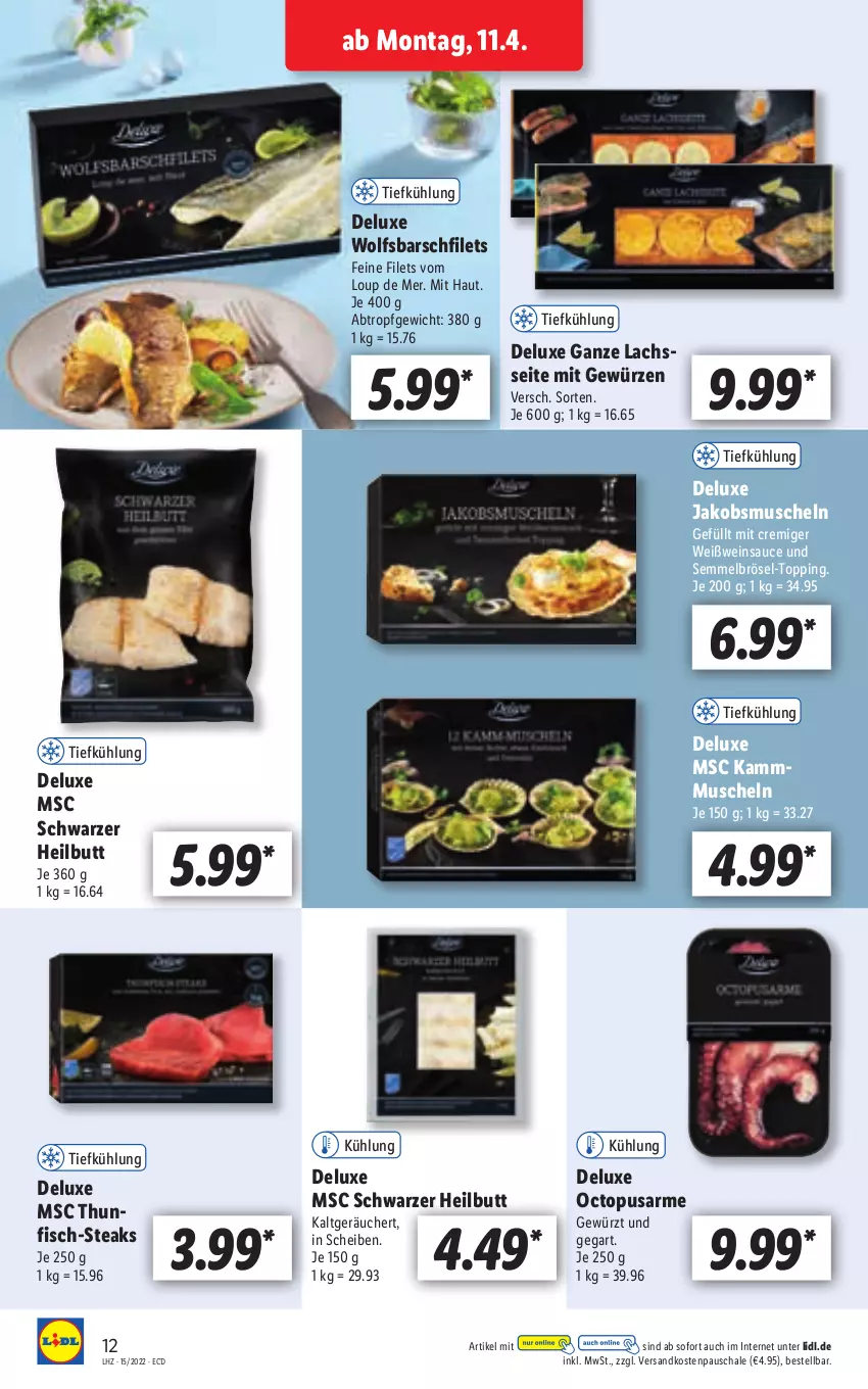 Aktueller Prospekt Lidl - Aktionsprospekt - von 11.04 bis 16.04.2022 - strona 12 - produkty: filet, filets, fisch, gewürz, jako, Jakobsmuscheln, lachs, Muscheln, ndk, sauce, Schal, Schale, Semmel, Semmelbrösel, steak, steaks, thunfisch, Ti, wein, Weißwein, wolfsbarsch