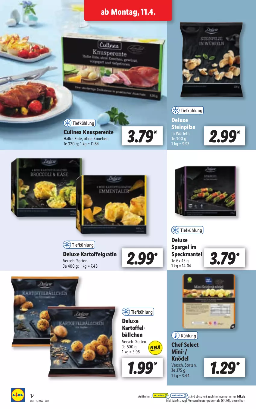 Aktueller Prospekt Lidl - Aktionsprospekt - von 11.04 bis 16.04.2022 - strona 14 - produkty: ente, kartoffel, Knödel, LG, Mantel, ndk, pilze, Schal, Schale, spargel, Speck, Steinpilze, Ti, würfel