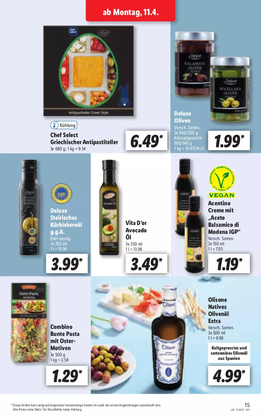 Aktueller Prospekt Lidl - Aktionsprospekt - von 11.04 bis 16.04.2022 - strona 15 - produkty: aceto, aceto balsamico, angebot, antipasti, asti, avocado, balsam, balsamico, creme, eis, elle, Kürbis, Kürbiskernöl, Mode, natives olivenöl, nuss, olive, oliven, olivenöl, olivenöl extra, pasta, reis, teller, Ti, vita, ZTE