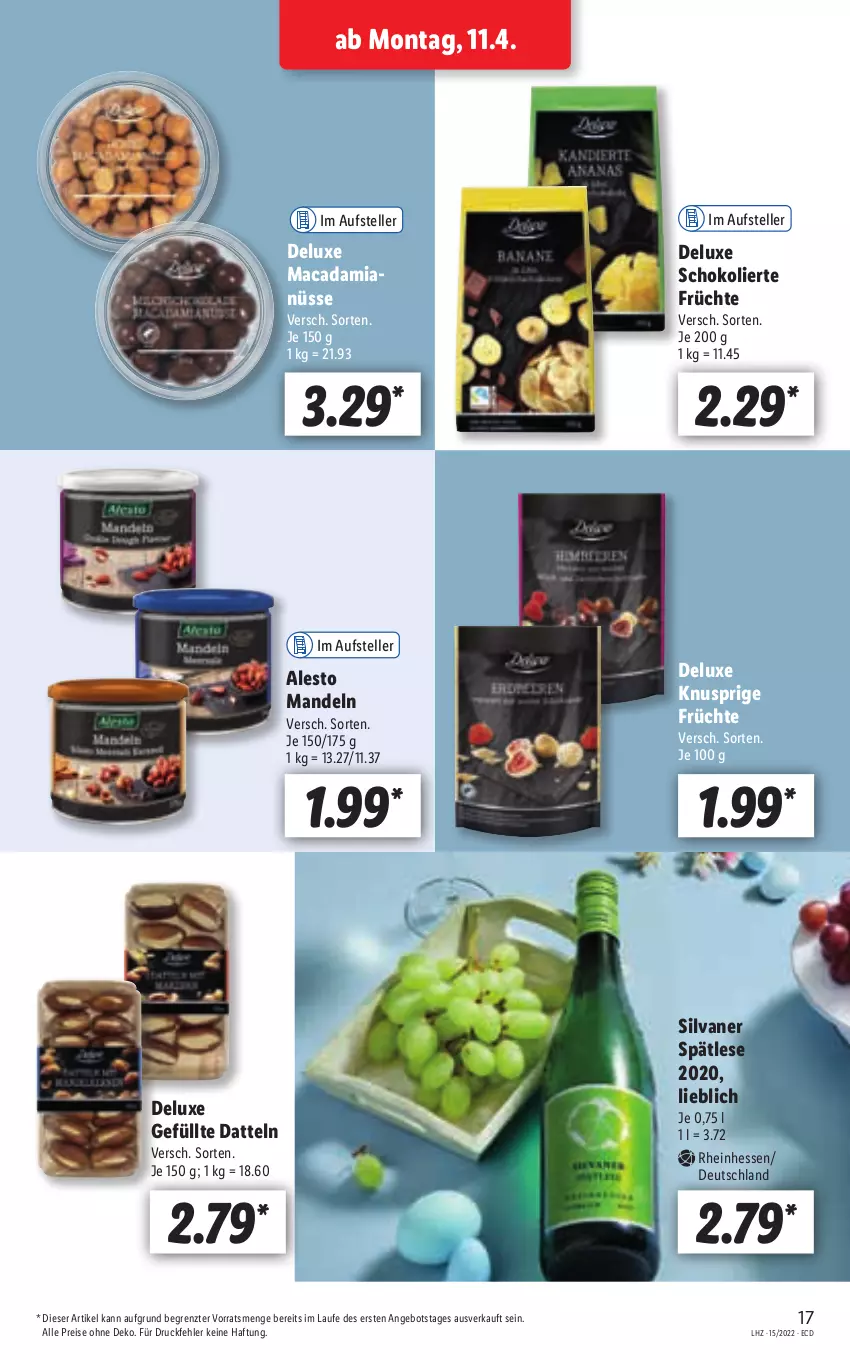 Aktueller Prospekt Lidl - Aktionsprospekt - von 11.04 bis 16.04.2022 - strona 17 - produkty: alesto, angebot, Datteln, eis, elle, früchte, mac, macadamia, Macadamianüsse, mandel, mandeln, reis, schoko, silvaner, teller, Ti, ZTE