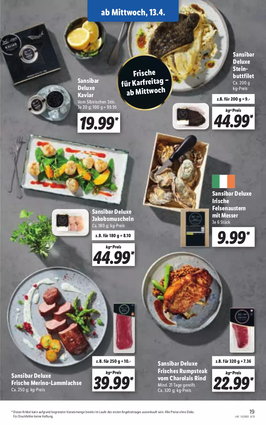 Aktueller Prospekt Lidl - Aktionsprospekt - von 11.04 bis 16.04.2022 - strona 19 - produkty: angebot, aust, Austern, eis, filet, jako, Jakobsmuscheln, lachs, lamm, lammlachse, messer, Muscheln, reis, rind, rum, rumpsteak, steak, Ti, ZTE