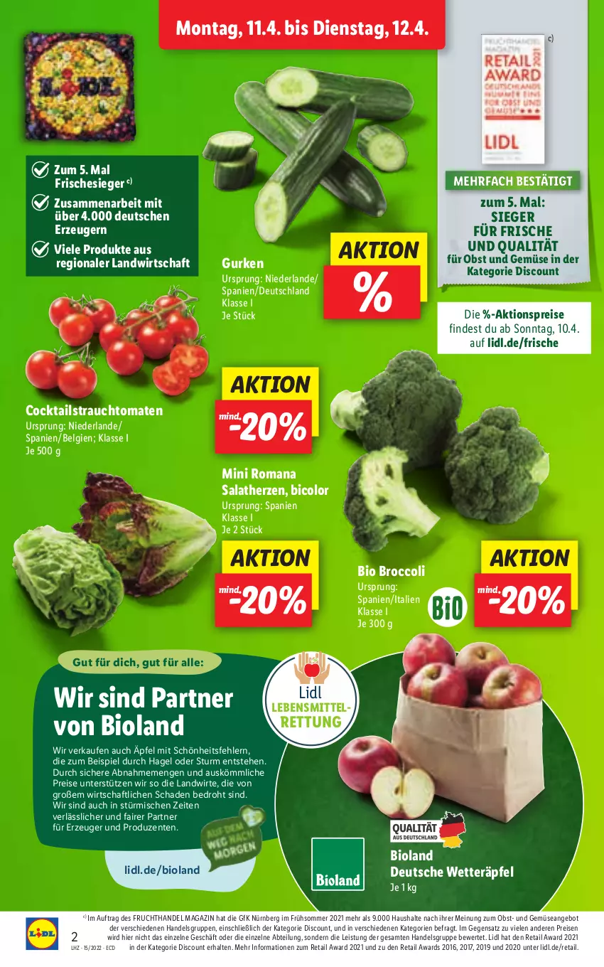 Aktueller Prospekt Lidl - Aktionsprospekt - von 11.04 bis 16.04.2022 - strona 2 - produkty: Abtei, aktionspreis, angebot, bio, bioland, broccoli, cocktail, cocktails, discount, eis, ente, frucht, gurke, gurken, lebensmittel, LG, magazin, obst, Obst und Gemüse, Rauch, reis, salat, salatherzen, strauchtomaten, Ti, tomate, tomaten, und gemüse