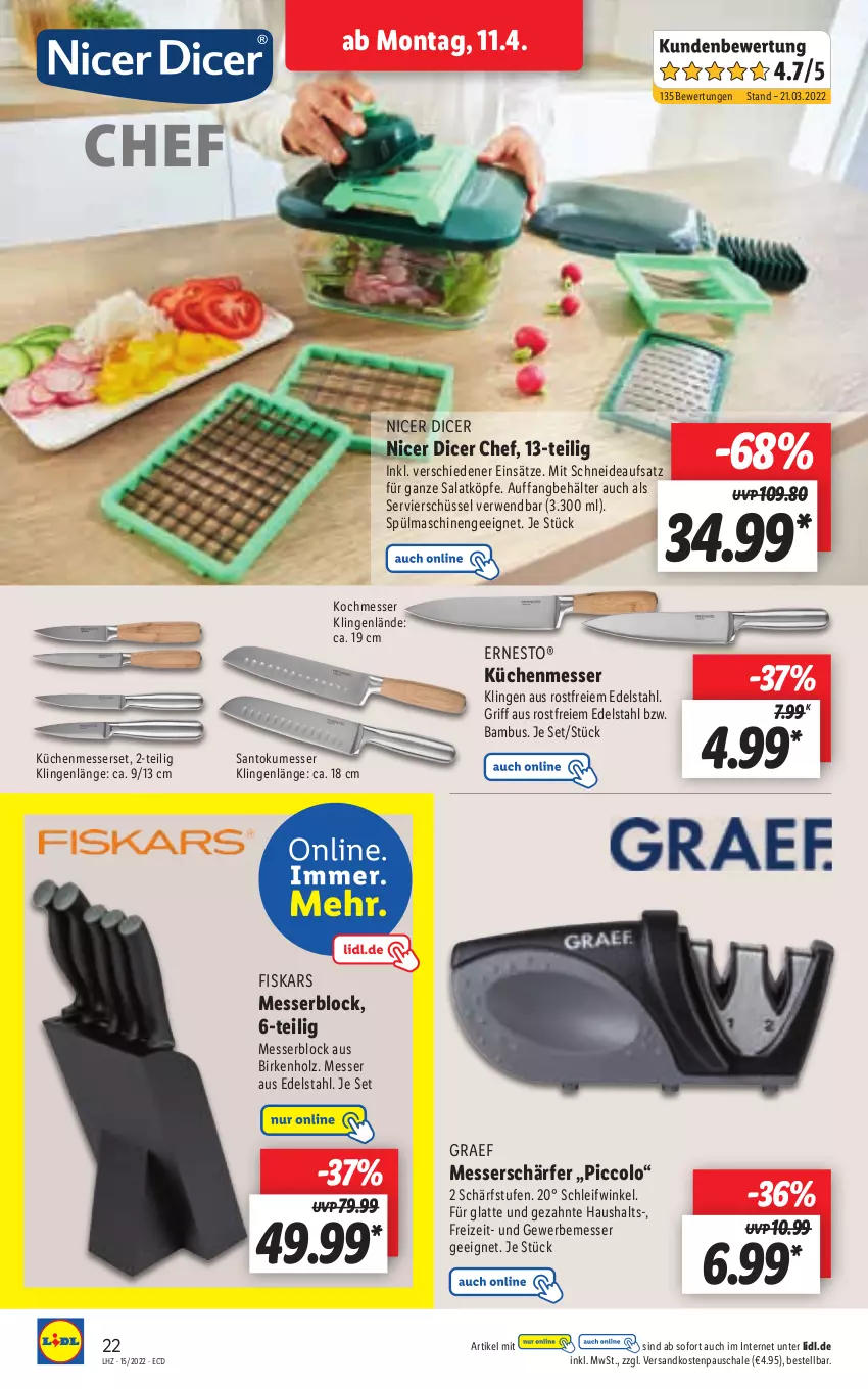 Aktueller Prospekt Lidl - Aktionsprospekt - von 11.04 bis 16.04.2022 - strona 22 - produkty: bambus, Behälter, edelstahl, ernesto, fiskars, Holz, küche, Küchen, latte, messer, messerblock, Messerset, ndk, rwe, salat, Schal, Schale, Ti