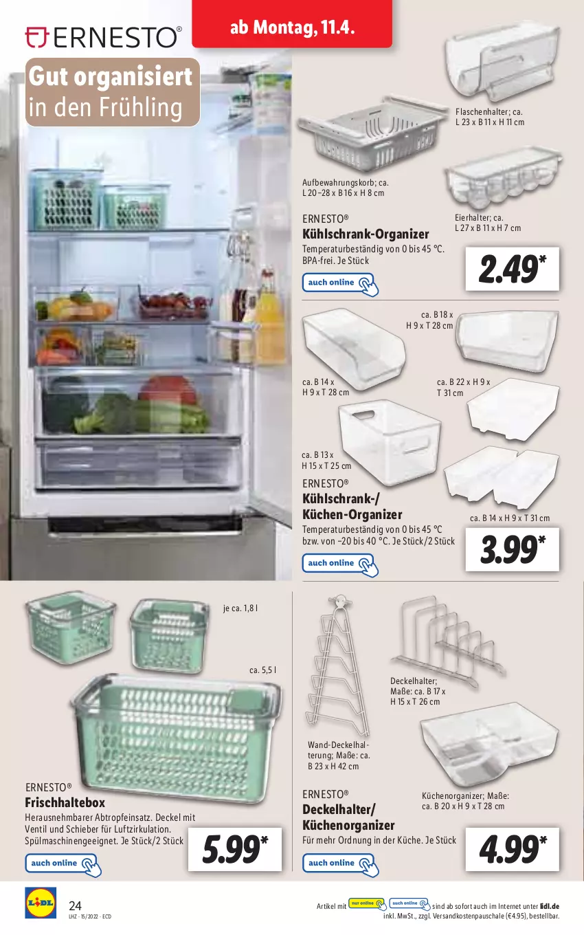 Aktueller Prospekt Lidl - Aktionsprospekt - von 11.04 bis 16.04.2022 - strona 24 - produkty: decke, Deckel, eier, ernesto, flasche, korb, küche, Küchen, kühlschrank, ndk, Schal, Schale, Schrank, spülmaschinen, Ti