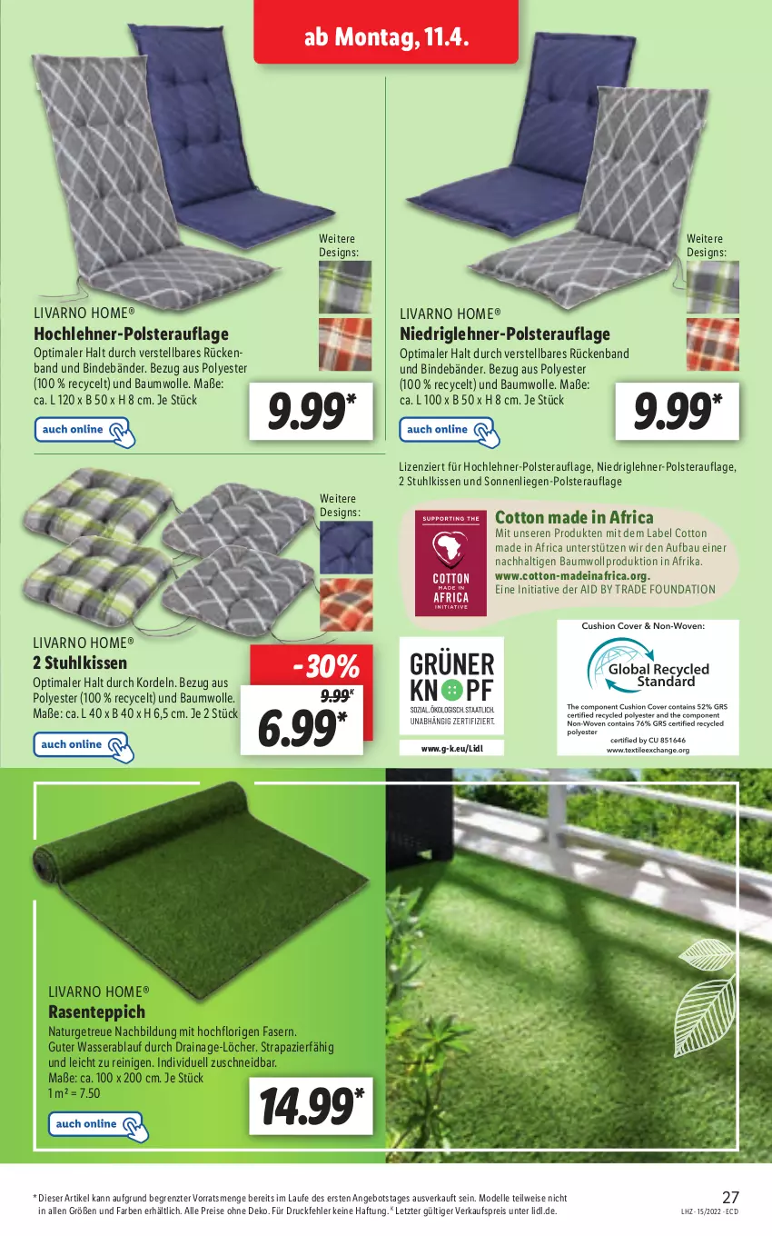 Aktueller Prospekt Lidl - Aktionsprospekt - von 11.04 bis 16.04.2022 - strona 27 - produkty: angebot, Bau, baumwolle, dell, eis, elle, ente, kissen, Liege, Mode, natur, rasen, reis, sonnenliege, stuhl, stuhlkissen, teppich, Ti, wasser, wolle, ZTE