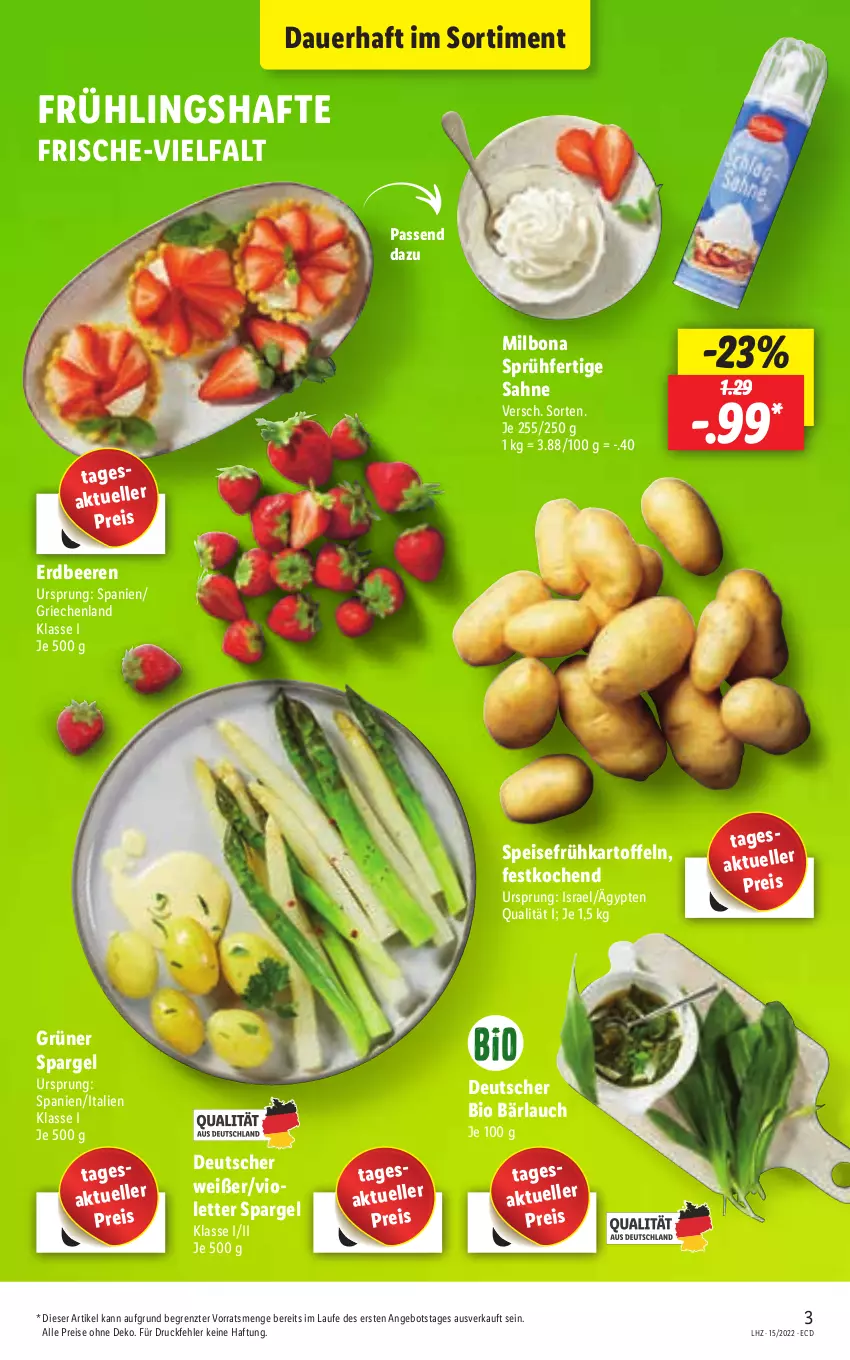 Aktueller Prospekt Lidl - Aktionsprospekt - von 11.04 bis 16.04.2022 - strona 3 - produkty: angebot, auer, beere, beeren, bio, Bona, eis, elle, erdbeere, erdbeeren, Frühkartoffeln, grüner spargel, kartoffel, kartoffeln, Milbona, reis, sahne, spargel, speisefrühkartoffeln, Ti, ZTE