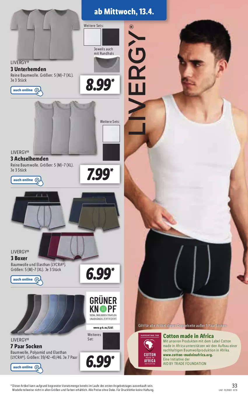 Aktueller Prospekt Lidl - Aktionsprospekt - von 11.04 bis 16.04.2022 - strona 33 - produkty: achselhemd, angebot, Bau, baumwolle, dell, eis, elle, hemd, hemden, livergy, Mode, reine baumwolle, reis, socken, Ti, Unterhemd, unterhemden, wolle, ZTE