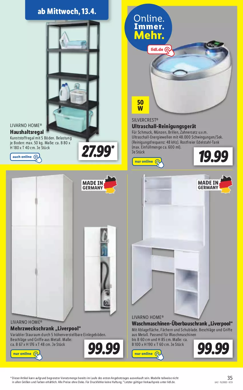 Aktueller Prospekt Lidl - Aktionsprospekt - von 11.04 bis 16.04.2022 - strona 35 - produkty: angebot, Bau, Brille, dell, eckschrank, edelstahl, eier, eis, elle, mehrzweckschrank, Mode, pool, regal, Reinigung, reis, Ria, Schal, Schmuck, Schrank, silvercrest, Ti, waschmaschine, waschmaschinen, weck, ZTE