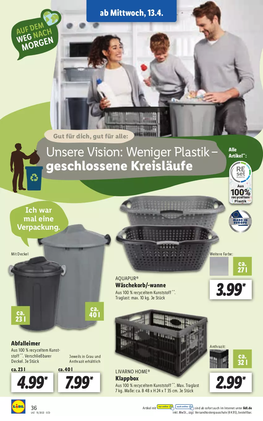 Aktueller Prospekt Lidl - Aktionsprospekt - von 11.04 bis 16.04.2022 - strona 36 - produkty: Abfalleimer, aqua, AquaPur, asti, decke, Deckel, eimer, eis, Klappbox, korb, leimer, ndk, reis, Schal, Schale, Ti, Wanne, wäschekorb