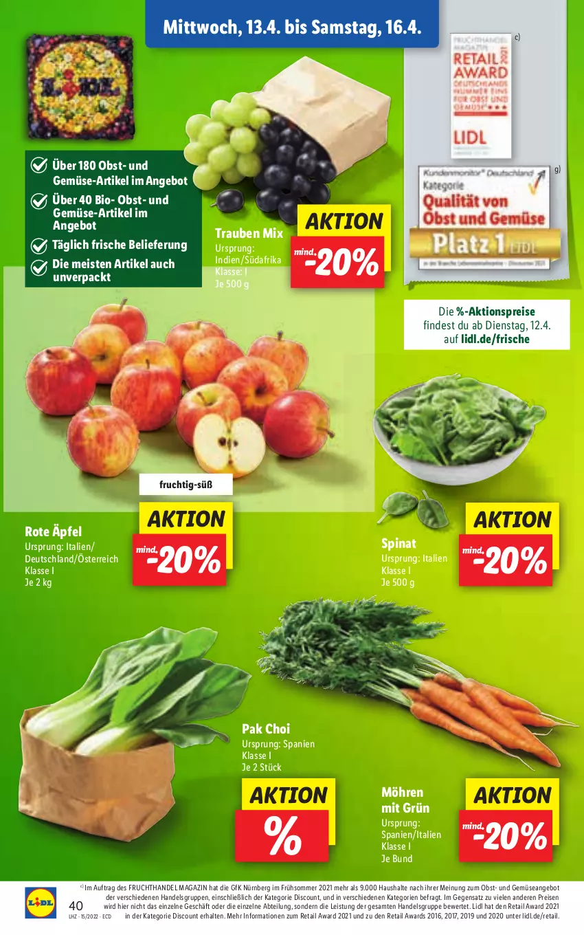 Aktueller Prospekt Lidl - Aktionsprospekt - von 11.04 bis 16.04.2022 - strona 40 - produkty: Abtei, aktionspreis, angebot, bio, discount, eis, frucht, magazin, möhren, obst, Pak Choi, reis, spinat, Ti, trauben, und gemüse