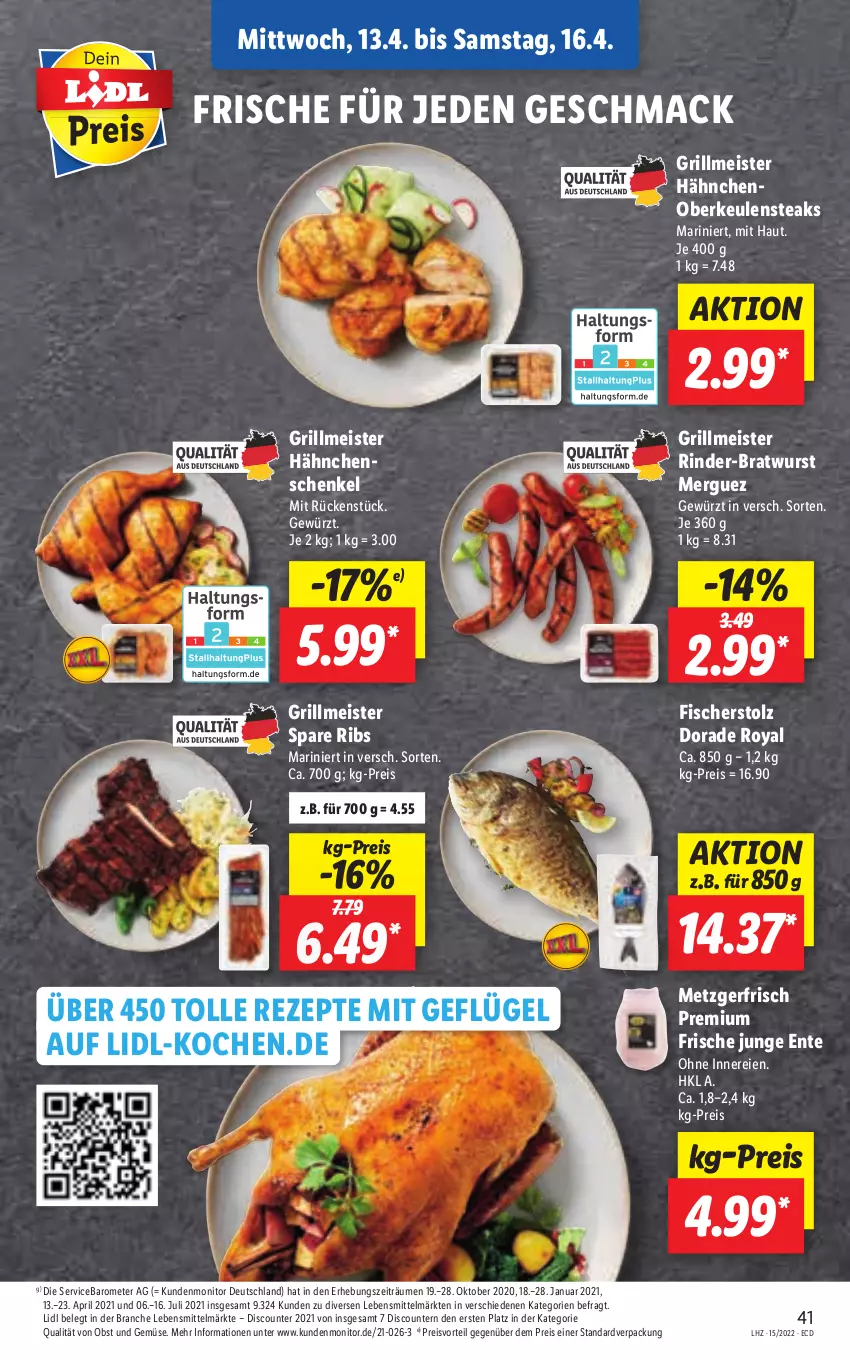 Aktueller Prospekt Lidl - Aktionsprospekt - von 11.04 bis 16.04.2022 - strona 41 - produkty: bratwurst, discount, Dorade, dorade royal, eis, ente, fisch, fische, Fischer, Geflügel, gewürz, grill, hähnchenschenkel, henkel, lebensmittel, mac, Meister, monitor, obst, Obst und Gemüse, preisvorteil, pril, reis, rezept, rezepte, rind, rinder, schenkel, spare ribs, steak, steaks, Ti, und gemüse, wurst