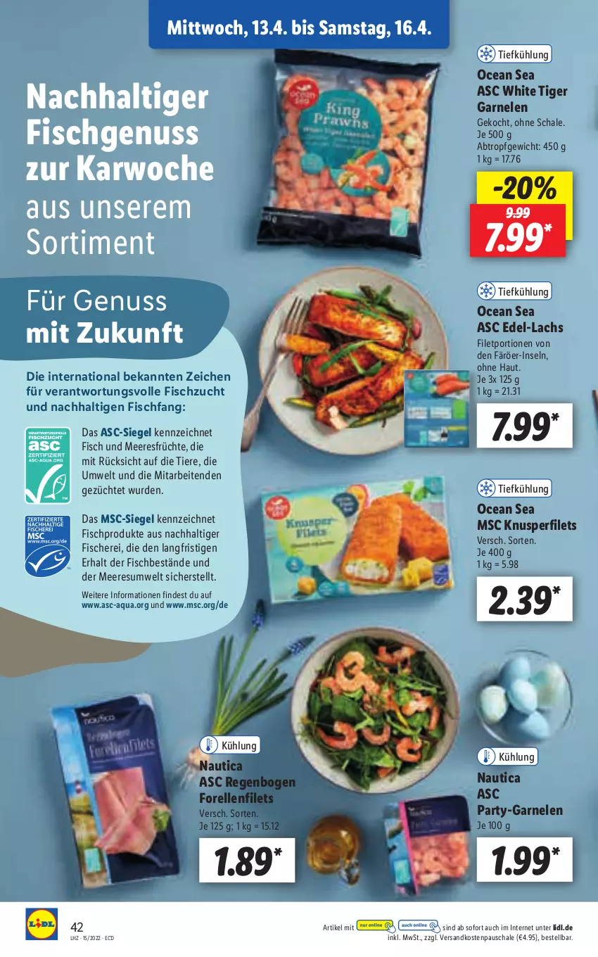 Aktueller Prospekt Lidl - Aktionsprospekt - von 11.04 bis 16.04.2022 - strona 42 - produkty: aqua, elle, filet, filets, fisch, Fisch und Meeresfrüchte, fische, Fischer, forelle, früchte, garnelen, HP, lachs, meeresfrüchte, ndk, nuss, rel, Schal, Schale, Schere, Ti, Tiere