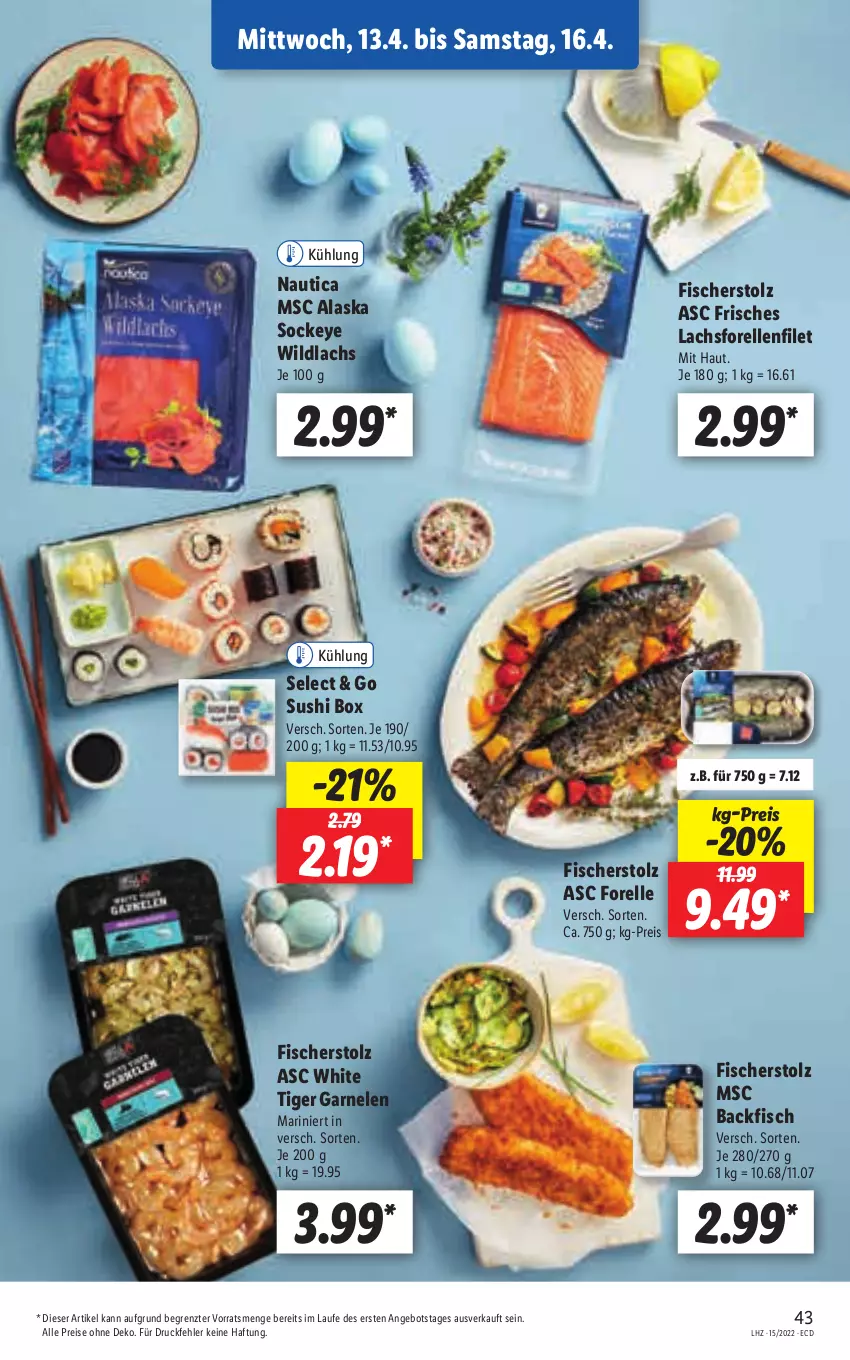 Aktueller Prospekt Lidl - Aktionsprospekt - von 11.04 bis 16.04.2022 - strona 43 - produkty: angebot, backfisch, eis, elle, filet, fisch, fische, Fischer, forelle, garnelen, lachs, reis, rel, Sushi, Ti, Wild, wildlachs, ZTE