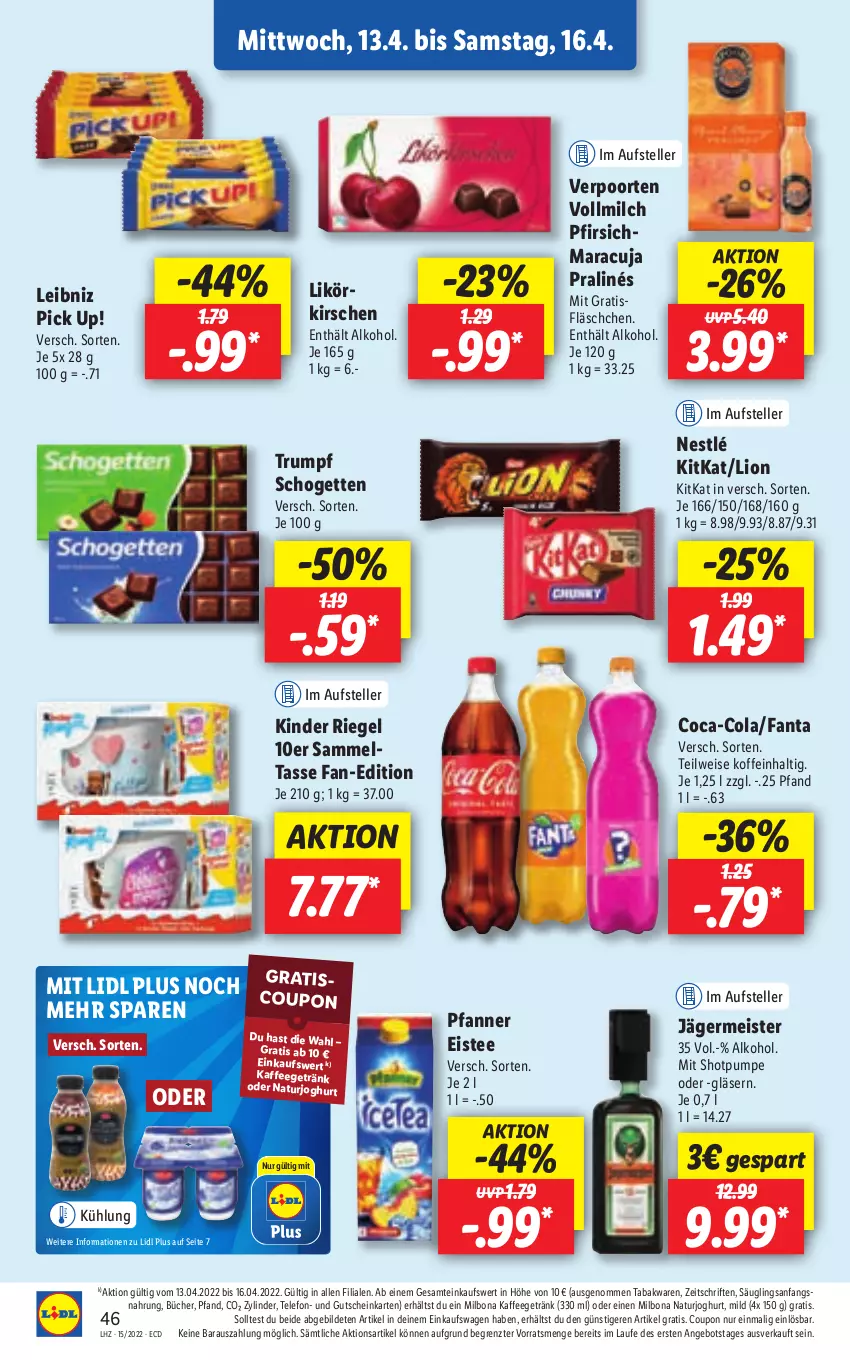 Aktueller Prospekt Lidl - Aktionsprospekt - von 11.04 bis 16.04.2022 - strona 46 - produkty: alkohol, angebot, Bona, coca-cola, cola, coupon, eis, eistee, elle, fanta, Germ, getränk, Gläser, gutschein, jägermeister, joghur, joghurt, kaffee, Kinder, kinder riegel, kirsch, kirsche, kirschen, kitkat, leibniz, likör, lion, maracuja, Meister, Milbona, milch, natur, naturjoghurt, nestlé, pfanne, Pfanner, pfirsich, Pick Up!, riegel, rum, schogetten, tasse, tee, telefon, teller, Ti, verpoorten, vollmilch, ZTE