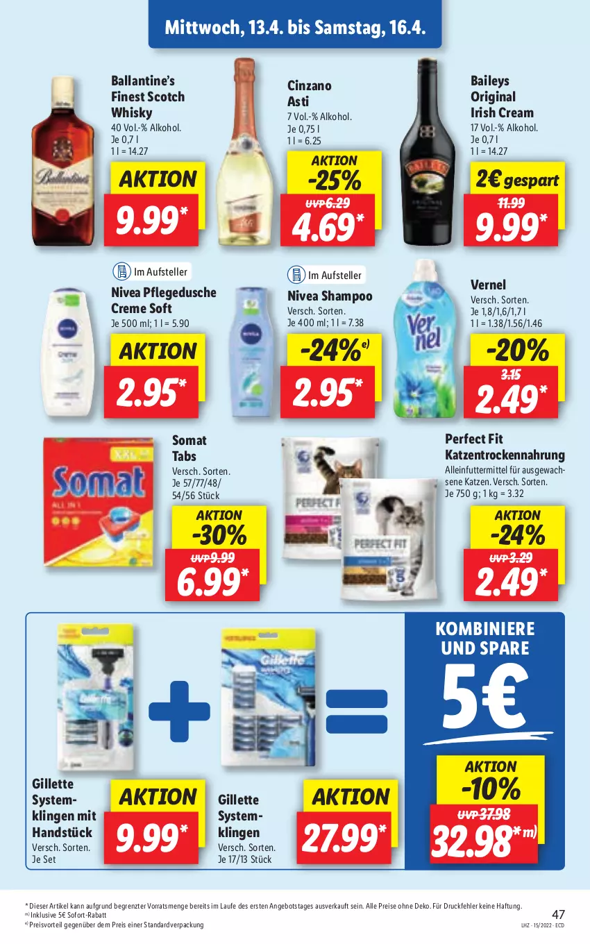 Aktueller Prospekt Lidl - Aktionsprospekt - von 11.04 bis 16.04.2022 - strona 47 - produkty: alkohol, alleinfuttermittel, angebot, asti, baileys, ball, cin, cinzano, Cinzano Asti, creme, dusche, eis, elle, gillette, gin, irish cream, nivea, Perfect Fit, pflegedusche, preisvorteil, reis, scotch, scotch whisky, shampoo, sofort-rabatt, somat, teller, Ti, Trockennahrung, vernel, whisky, ZTE