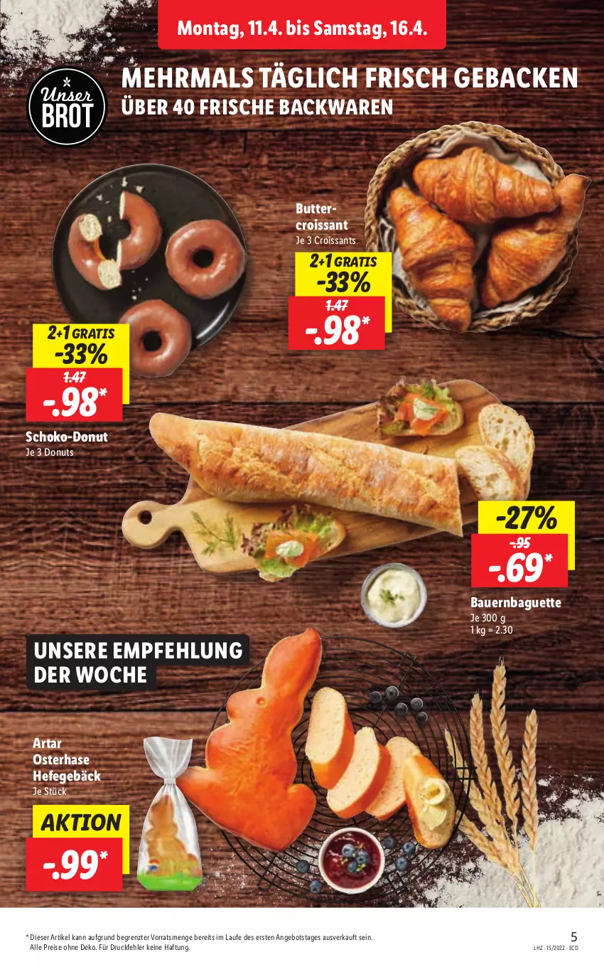 Aktueller Prospekt Lidl - Aktionsprospekt - von 11.04 bis 16.04.2022 - strona 5 - produkty: angebot, auer, backwaren, baguette, Bau, Bauer, brot, butter, Croissant, croissants, Donut, donuts, eis, frische backwaren, geback, Hefe, reis, schoko, Ti, ZTE