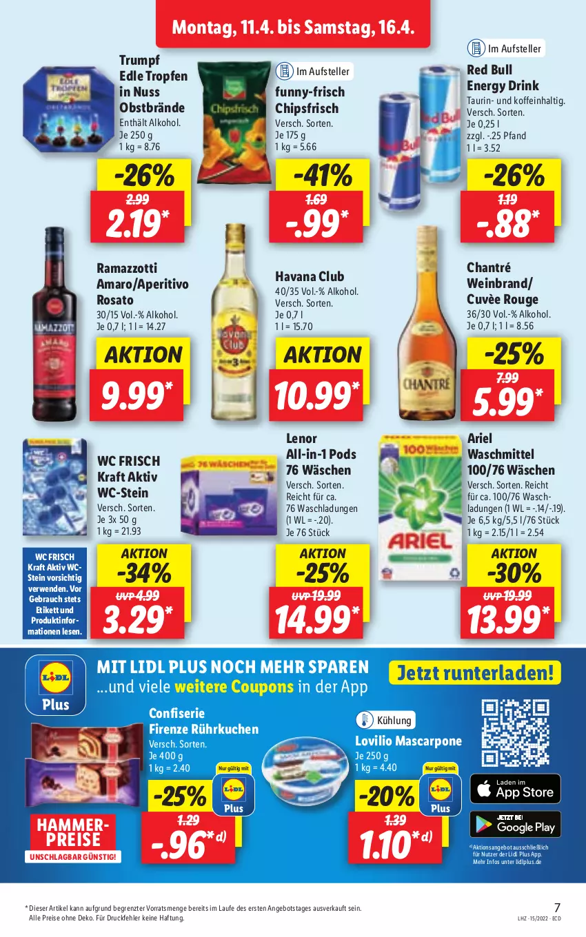 Aktueller Prospekt Lidl - Aktionsprospekt - von 11.04 bis 16.04.2022 - strona 7 - produkty: alkohol, amaro, angebot, aperitivo rosato, ariel, ariel waschmittel, chantré, chips, chipsfrisch, coupon, coupons, drink, eis, elle, energy drink, funny-frisch, Havana Club, kraft, kuchen, lenor, mascarpone, nuss, obst, Pods, rama, ramazzott, ramazzotti, Rauch, red bull, reis, rosato, rouge, rum, rwe, teller, Ti, waschmittel, wc frisch, WC Frisch Kraft Aktiv, wein, weinbrand, zott, ZTE