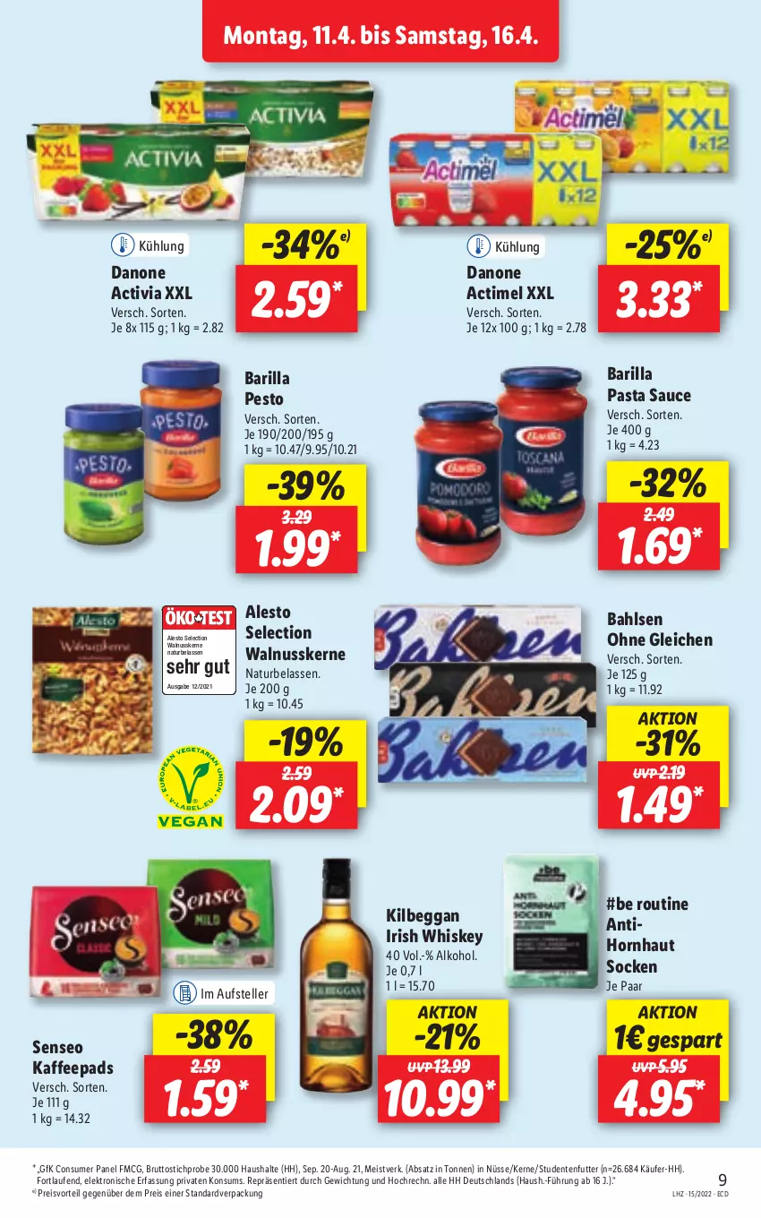 Aktueller Prospekt Lidl - Aktionsprospekt - von 11.04 bis 16.04.2022 - strona 9 - produkty: actimel, activia, alesto, alkohol, bahlsen, barilla, brut, danone, danone activia, eis, Elektro, elle, ente, HP, irish whiskey, kaffee, kaffeepads, kilbeggan, Laufen, natur, nuss, pasta, Pasta Sauce, pesto, preisvorteil, reis, sauce, senseo, socken, studentenfutter, teller, Ti, walnuss, walnusskerne, whiskey