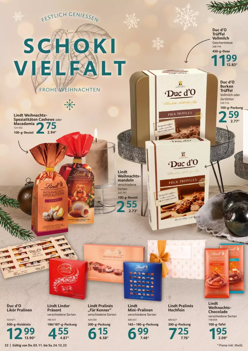 Aktueller Prospekt Selgros - Gourmet Highlights - von 03.11 bis 24.12.2022 - strona 22 - produkty: beutel, cola, eis, likör, lindor, lindt, mac, macadamia, mandel, mandeln, milch, pralinen, reis, Spezi, Ti, Trüffel, vollmilch