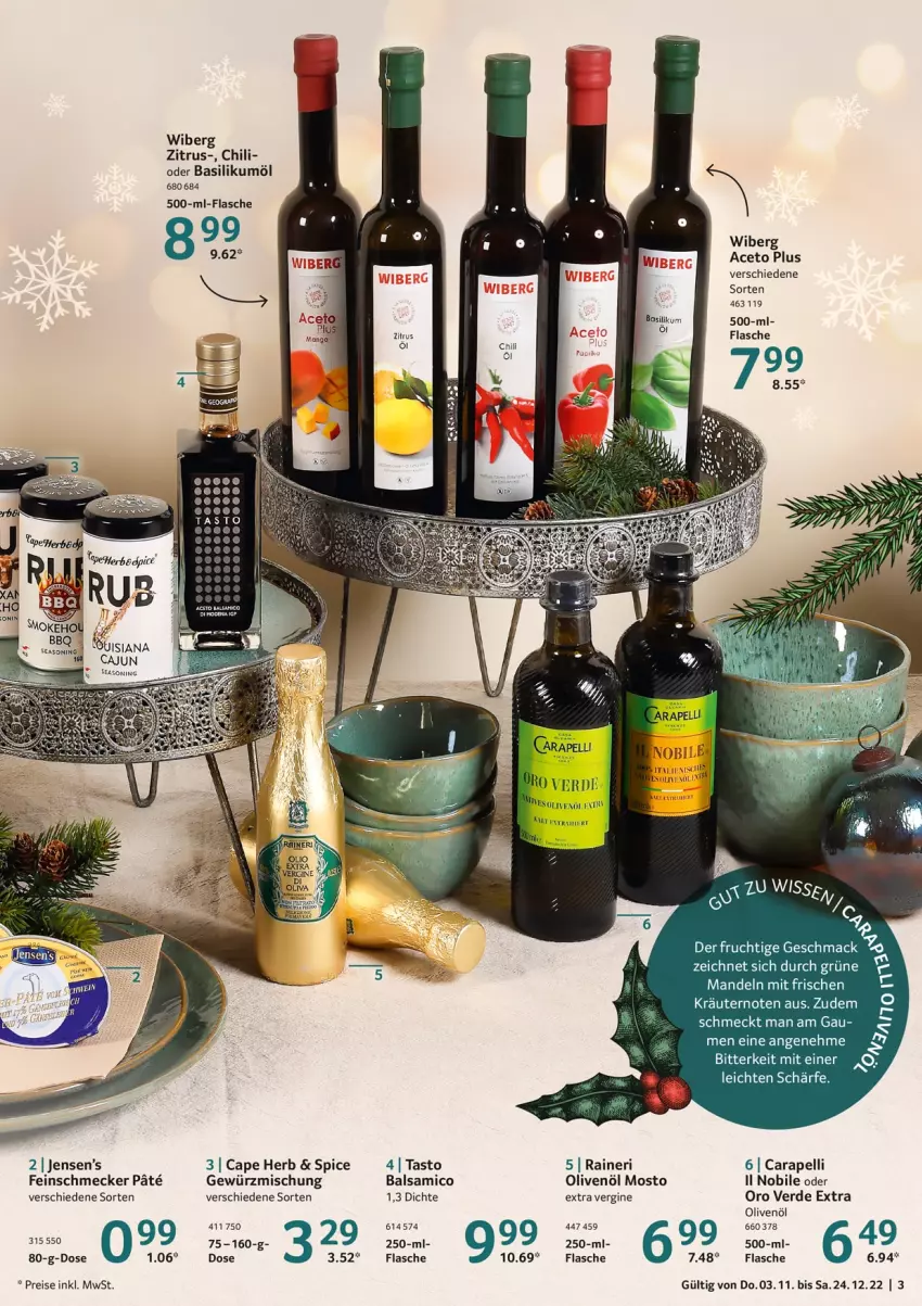 Aktueller Prospekt Selgros - Gourmet Highlights - von 03.11 bis 24.12.2022 - strona 3 - produkty: aceto, balsam, balsamico, basilikum, Cap, chili, eis, erde, feinschmecker, flasche, frucht, gewürz, Gewürzmischung, gin, kräuter, kräutern, mac, mandel, mandeln, olive, oliven, olivenöl, reis, Ti