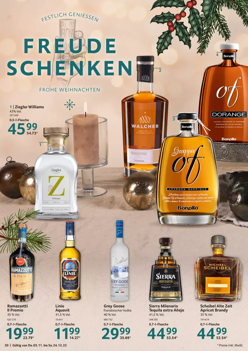 Aktueller Prospekt Selgros - Gourmet Highlights - von 03.11 bis 24.12.2022 - strona 30 - produkty: aqua, aquavit, eis, flasche, orange, rama, ramazzott, ramazzotti, reis, Sierra, tequila, Ti, vodka, weihnachten, zott