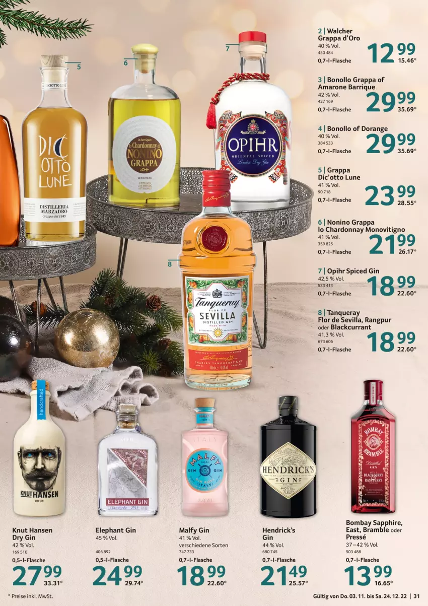 Aktueller Prospekt Selgros - Gourmet Highlights - von 03.11 bis 24.12.2022 - strona 31 - produkty: amaro, bombay sapphire, chardonnay, Currant, dry gin, eis, flasche, gin, grappa, lack, orange, reis, Ria, sapphire, Tanqueray, Ti