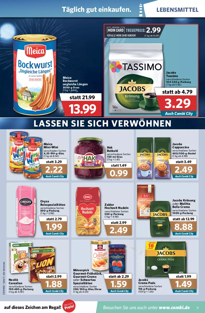 Aktueller Prospekt Combi - Prospekte - von 27.12 bis 31.12.2021 - strona 13 - produkty: bella crema, beutel, bockwurst, Cap, cappuccino, cerealien, cin, crema pads, creme, eis, Hochzeit Nudeln, jacobs, Jacobs Crema, jacobs krönung, jacobs tassimo, lebensmittel, meica, melitta, mövenpick, nestlé, nudel, nudeln, oryza, regal, reis, reiss, rotkohl, Schwartau, sim, Spezi, tassimo, wurst, Zabler