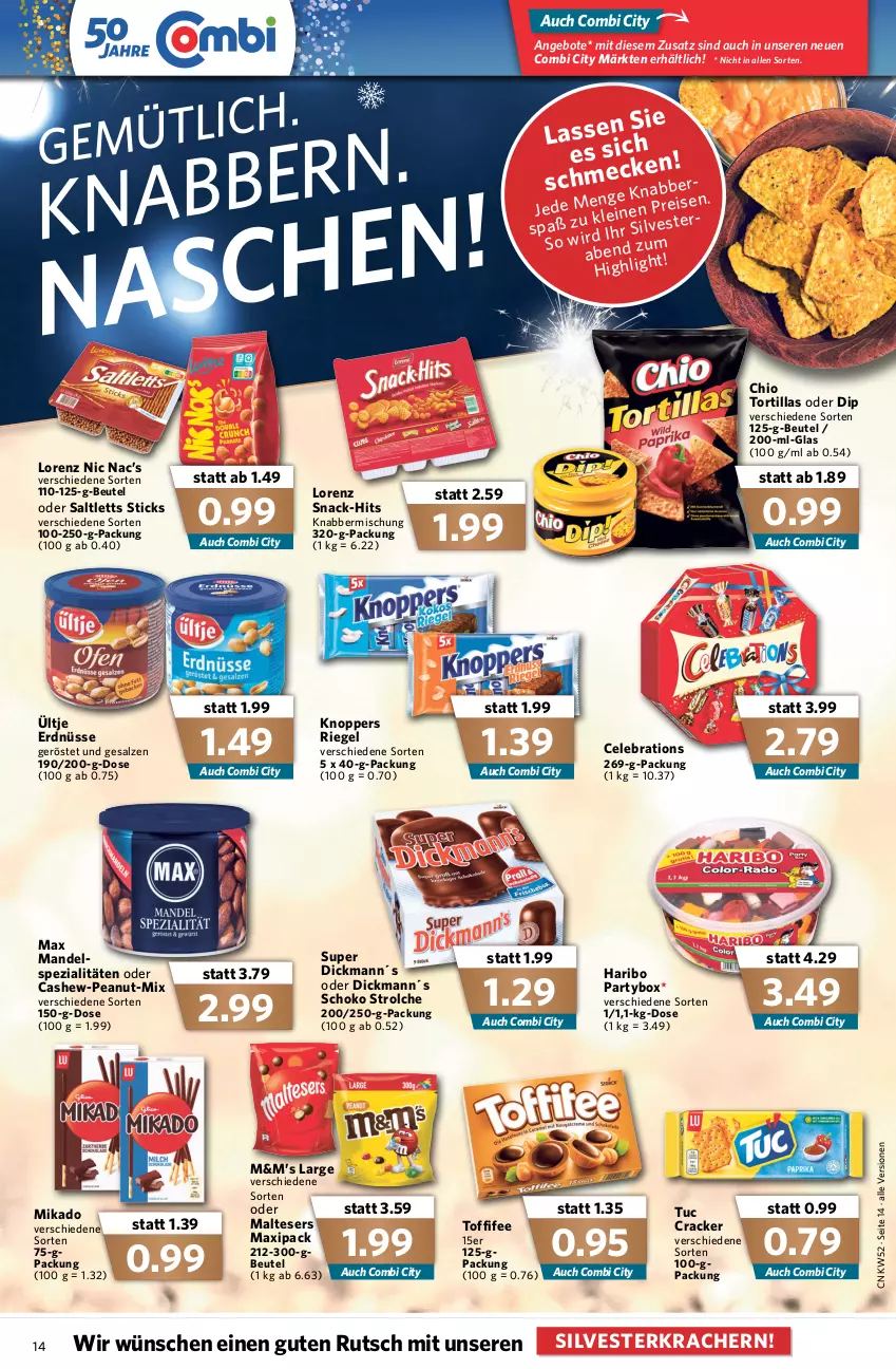 Aktueller Prospekt Combi - Prospekte - von 27.12 bis 31.12.2021 - strona 16 - produkty: angebot, angebote, beutel, Cashew, cracker, dip, eis, erdnüsse, haribo, knoppers, kracher, leine, lorenz, malteser, mandel, mikado, reis, riegel, saltletts, salz, schoko, snack, Spezi, Ti, toffifee, tortilla, tortillas, tuc, ültje, ültje erdnüsse