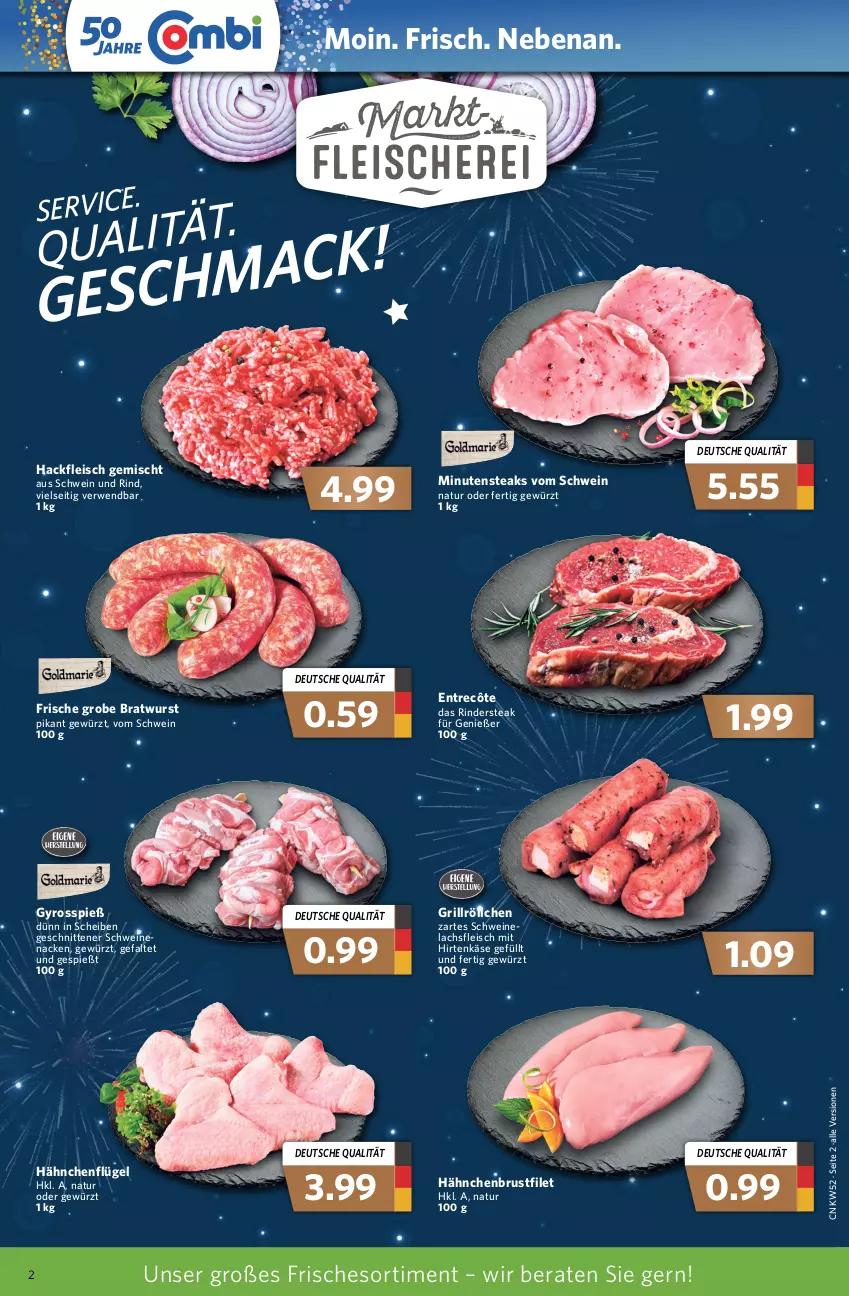 Aktueller Prospekt Combi - Prospekte - von 27.12 bis 31.12.2021 - strona 2 - produkty: bratwurst, brustfilet, eis, entrecôte, filet, fleisch, gewürz, grill, grobe bratwurst, gyros, hackfleisch, hackfleisch gemischt, hähnchenbrust, hähnchenbrustfilet, hähnchenflügel, hirtenkäse, Käse, lachs, minutensteaks, natur, rind, rinder, Rindersteak, rwe, schnitten, schwein, schwein und rind, schweine, steak, steaks, Ti, wein, weine, wurst