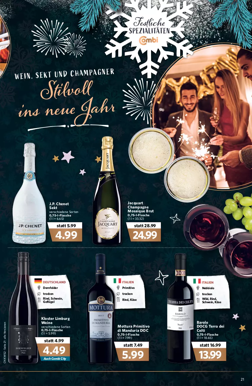 Aktueller Prospekt Combi - Prospekte - von 27.12 bis 31.12.2021 - strona 23 - produkty: Barolo, bio, brut, champagne, dornfelder, flasche, Geflügel, J.P. Chenet, Käse, primitivo, Ria, rind, schwein, sekt, Spezi, Ti, wein, weine, Wild