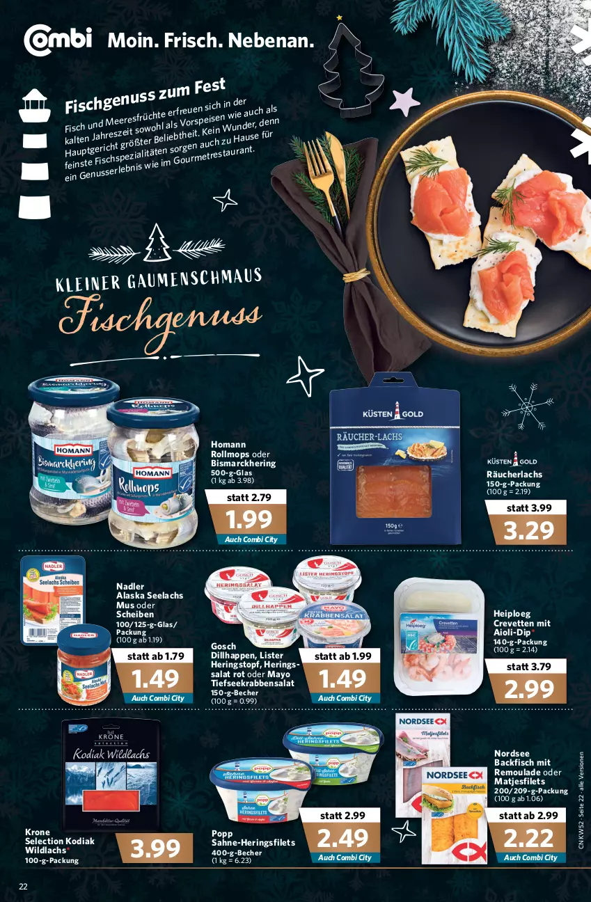 Aktueller Prospekt Combi - Prospekte - von 27.12 bis 31.12.2021 - strona 24 - produkty: aioli, backfisch, Becher, bismarck, dip, filet, filets, fisch, hering, Herings, heringsfilets, homann, krone, lachs, matjes, Matjesfilet, matjesfilets, nadler, Nordsee, nuss, Popp, Räucherlachs, remoulade, ring, sahne, salat, Ti, topf, Wild, wildlachs, Yo