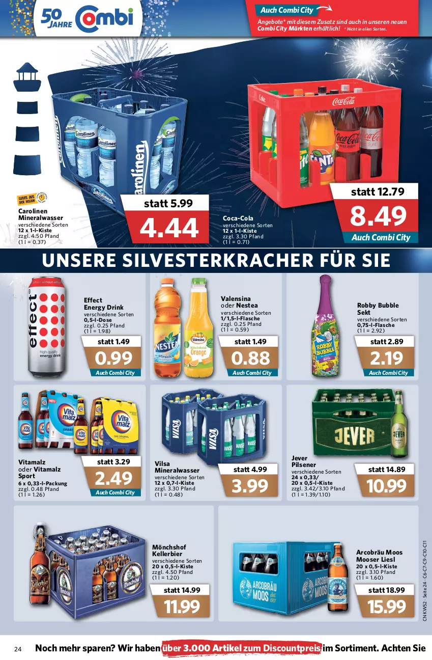 Aktueller Prospekt Combi - Prospekte - von 27.12 bis 31.12.2021 - strona 26 - produkty: Alwa, angebot, angebote, bier, coca-cola, cola, discount, drink, Effect, eis, elle, energy drink, flasche, jever, jever pilsener, kellerbier, kracher, malz, mineralwasser, mönchshof, Nestea, pils, pilsener, reis, robby, sekt, Sport, Ti, valensina, vilsa, vita, vitamalz, wasser