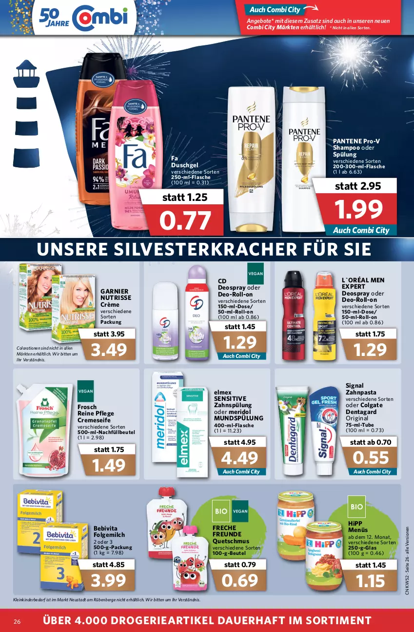 Aktueller Prospekt Combi - Prospekte - von 27.12 bis 31.12.2021 - strona 28 - produkty: angebot, angebote, auer, bebivita, beutel, colgate, Colorationen, creme, cremeseife, deo, deospray, duschgel, elmex, fa duschgel, flasche, folgemilch, freche freunde, Frosch, garnier, gin, hipp, Kinder, kracher, LG, meridol, milch, mundspülung, Nutrisse, pantene, pantene pro-v, pasta, pro-v, roll-on, Seife, shampoo, shampoo oder spülung, Signal, spülung, Ti, vita, zahnpasta