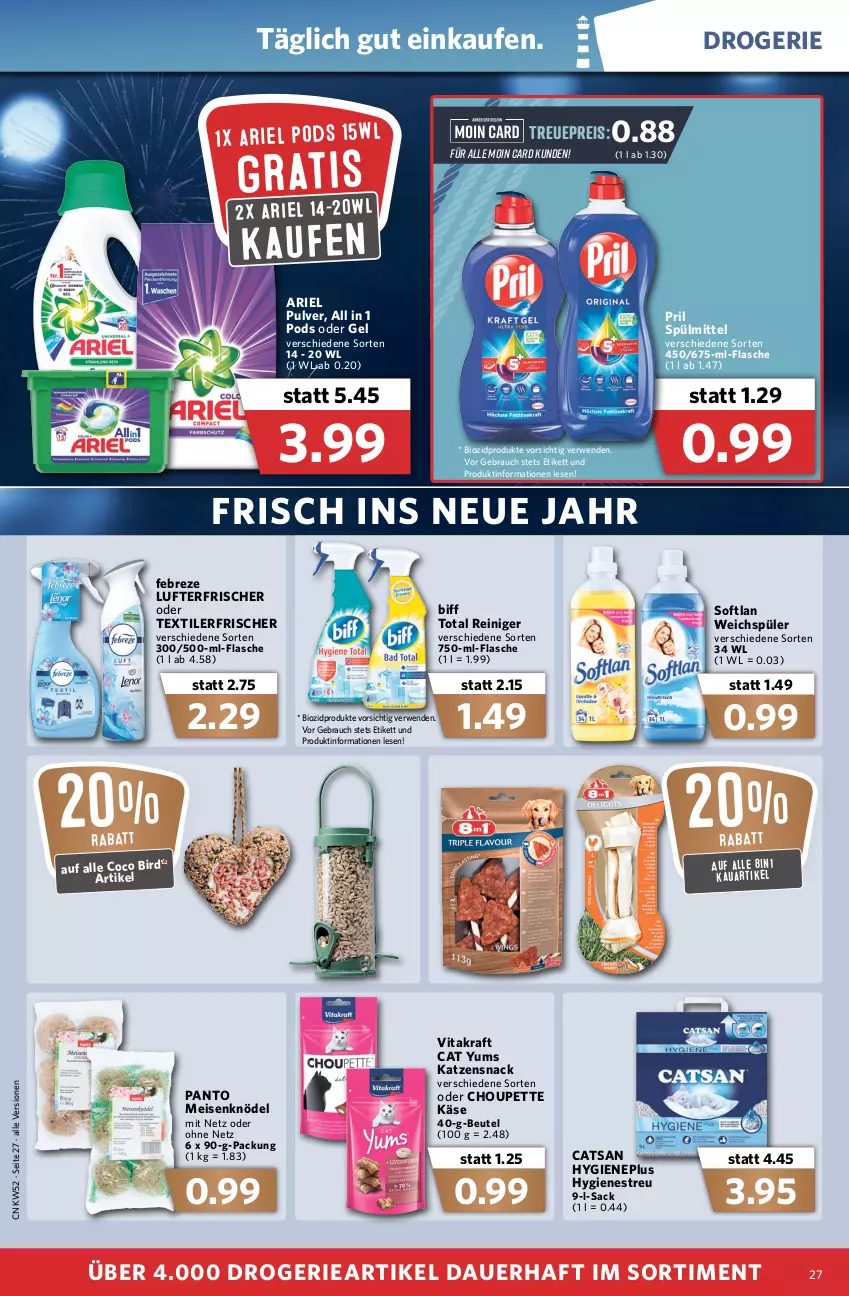 Aktueller Prospekt Combi - Prospekte - von 27.12 bis 31.12.2021 - strona 29 - produkty: ariel, auer, beutel, biff, bio, biozidprodukte, catsan, eis, febreze, flasche, Käse, katzensnack, Knödel, kraft, lufterfrischer, Meisenknödel, Pods, pril, Rauch, regal, reiniger, reis, rwe, sac, snack, Softlan, spülmittel, Textilerfrischer, Ti, vita, vitakraft, weichspüler