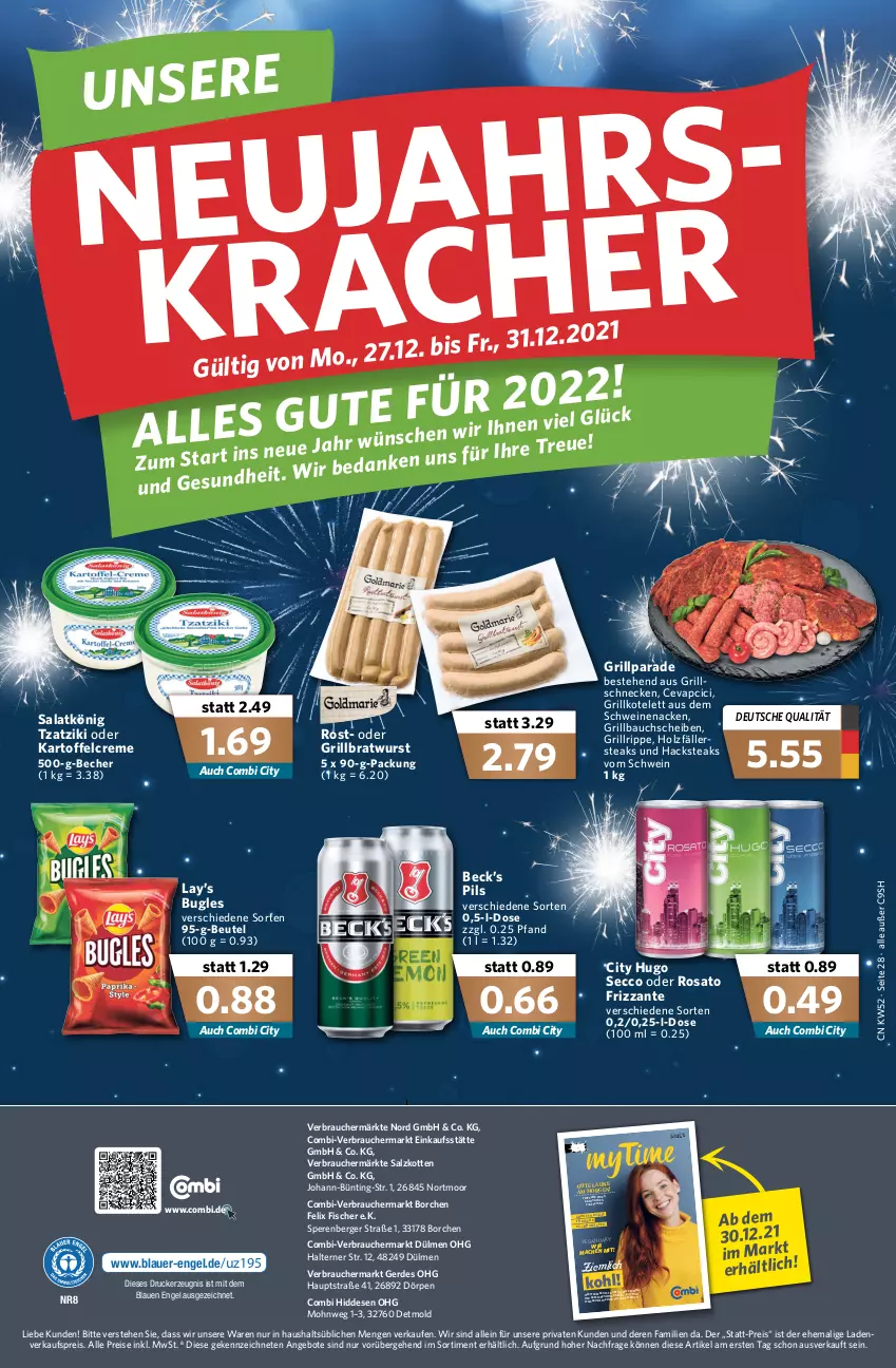 Aktueller Prospekt Combi - Prospekte - von 27.12 bis 31.12.2021 - strona 30 - produkty: angebot, angebote, auer, Bau, bauchscheiben, Becher, Berger, beutel, bratwurst, bugles, cevapcici, creme, drucker, ecco, eis, Engel, erde, felix, fisch, fische, Fischer, frizzante, grill, Grillbauch, grillbratwurst, grillkotelett, grillrippe, Holz, holzfällersteaks, hugo, kartoffel, kerze, kotelett, mac, pils, Rauch, reis, rosato, sac, salat, salz, schwein, schweine, schweinenacken, steak, steaks, Ti, tzatziki, wein, weine, wurst