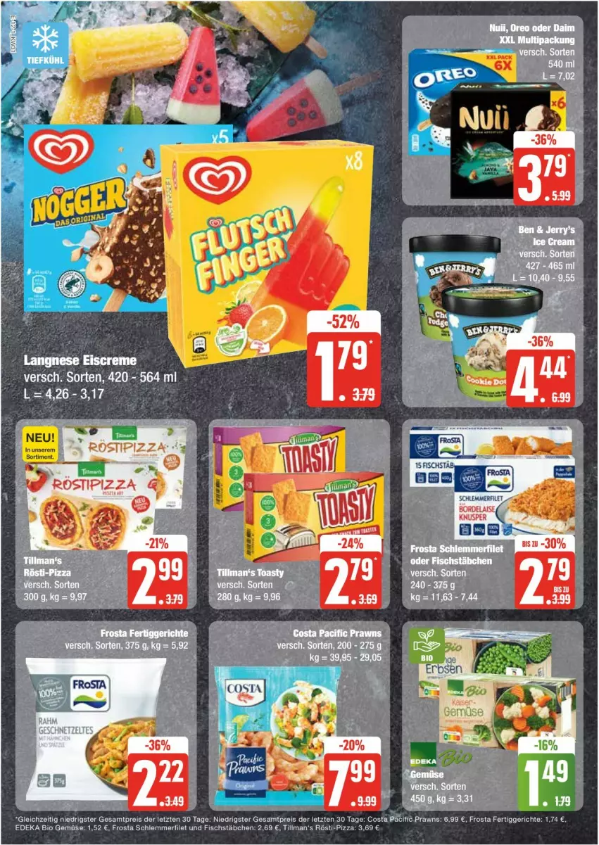 Aktueller Prospekt Edeka - Prospekte - von 29.07 bis 03.08.2024 - strona 12 - produkty: bio, bio gemüse, Cif, creme, deka, edeka bio, eis, eiscreme, fertiggericht, fertiggerichte, filet, fisch, fischstäbchen, frosta, langnese, langnese eis, pizza, prawns, reis, schlemmerfilet, tee, Ti, ZTE