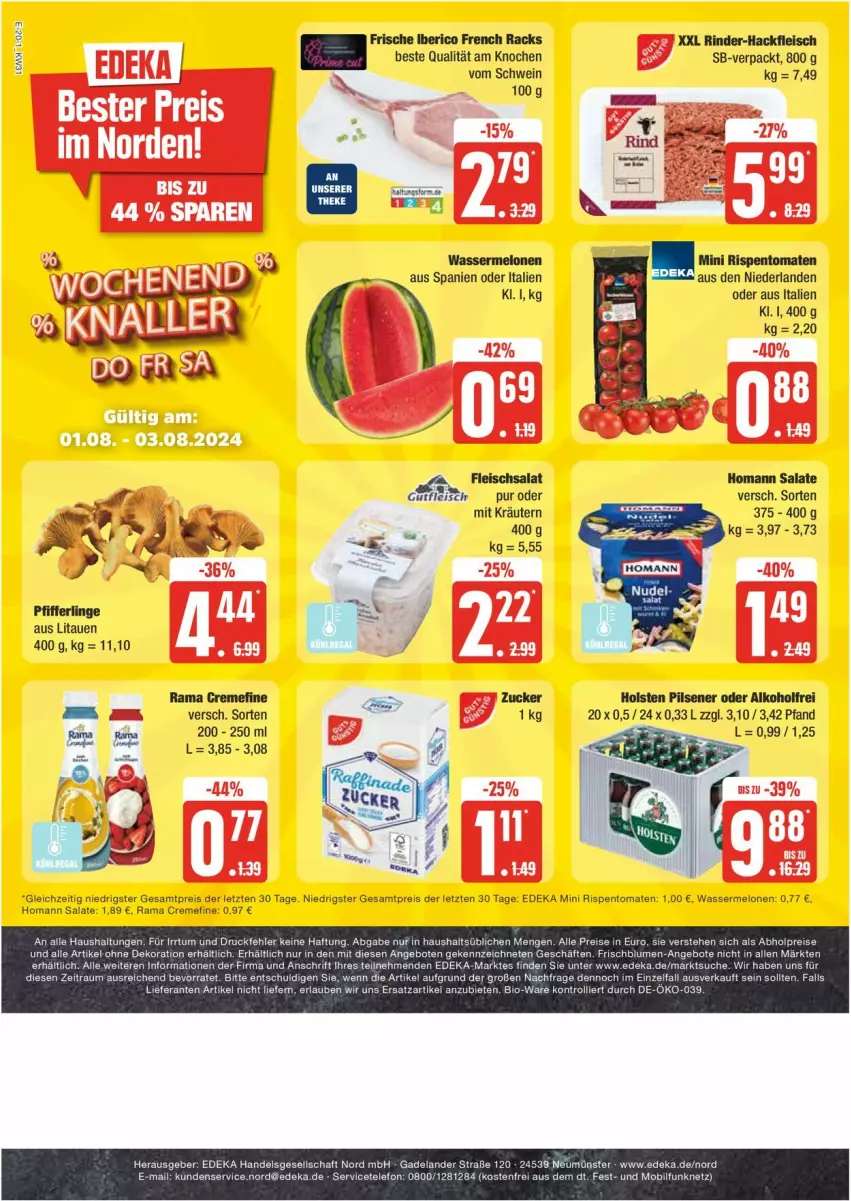 Aktueller Prospekt Edeka - Prospekte - von 29.07 bis 03.08.2024 - strona 20 - produkty: abholpreise, alkohol, angebot, angebote, blume, blumen, creme, deka, eis, Elan, fleisch, fleischsalat, hackfleisch, holsten, holsten pilsener, homann, kräuter, kräutern, melone, melonen, pils, pilsener, rama, rama cremefine, reis, rind, rinder, rinder-hackfleisch, rispentomaten, salat, salate, schwein, telefon, Ti, tomate, tomaten, wasser, wassermelone, wassermelonen, wein, ZTE, zucker