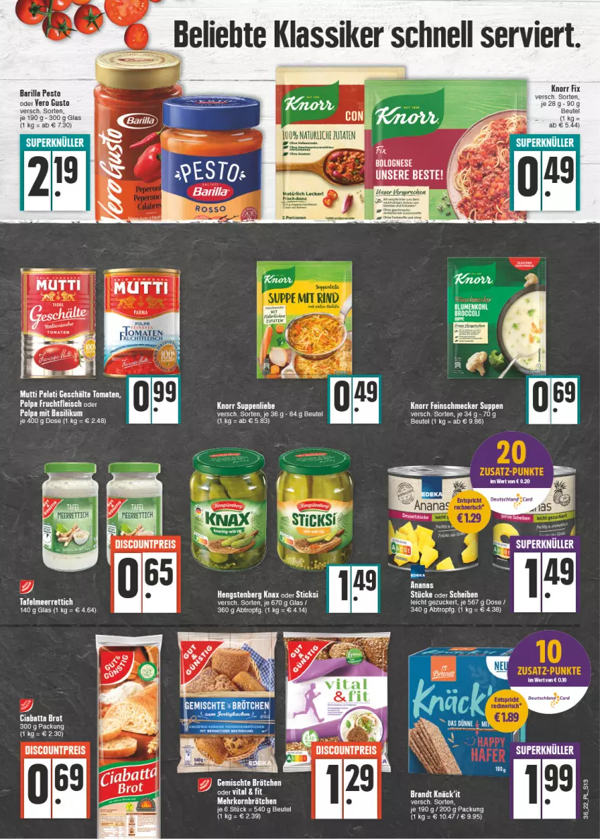 Aktueller Prospekt E Center - Angebote der Woche - von 05.09 bis 10.09.2022 - strona 13 - produkty: ananas, barilla, basilikum, beutel, brandt, broccoli, brot, brötchen, ciabatta, discount, eier, eis, fleisch, frucht, fruchtfleisch, hengstenberg, knorr, knorr fix, korn, meerrettich, mehrkornbrötchen, natur, pesto, reis, Rettich, rwe, suppe, suppen, suppenliebe, tee, Ti, tomate, tomaten, vita, zucker