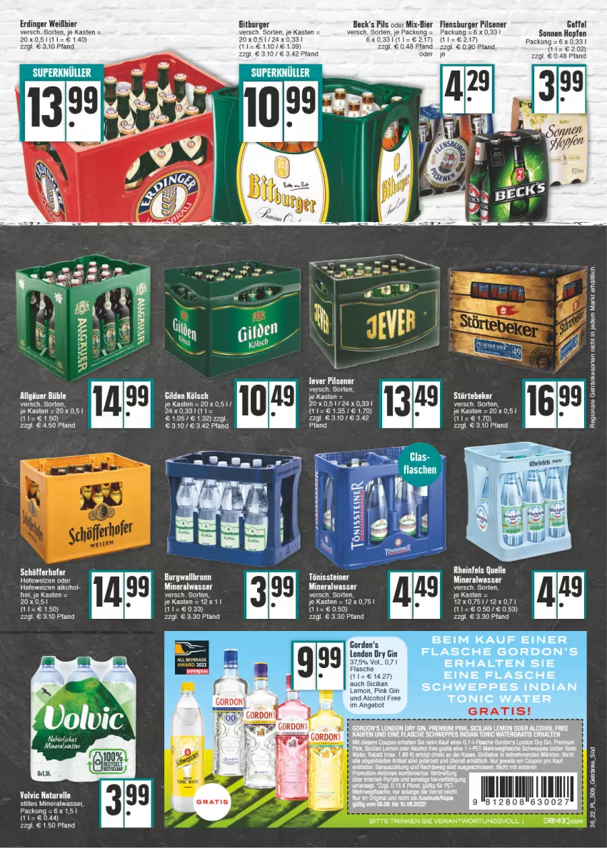 Aktueller Prospekt E Center - Angebote der Woche - von 05.09 bis 10.09.2022 - strona 9 - produkty: alkohol, Alwa, angebot, auto, bier, bitburger, burger, dry gin, elle, erdinger, flasche, flensburger, getränk, getränke, gin, gordon, Hefe, hefeweizen, london dry, london dry gin, mineralwasser, natur, pils, pilsener, rel, störtebeker, tee, Ti, volvic, wasser