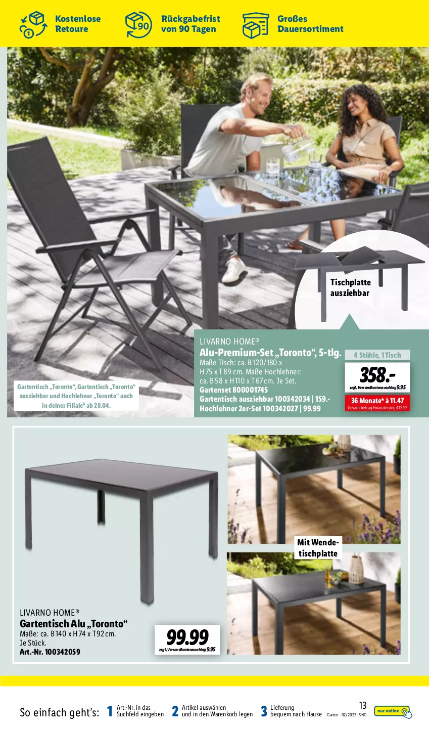 Aktueller Prospekt Lidl - Gartenmagazin 2022 - von 04.04 bis 15.05.2022 - strona 13 - produkty: auer, Garten, gartentisch, HP, korb, latte, LG, ndk, Stühl, Ti, tisch, tischplatte