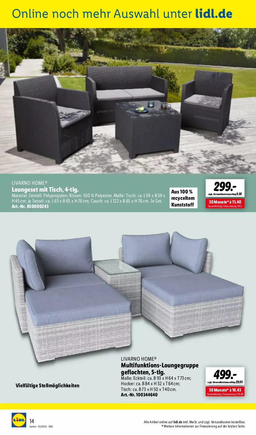 Aktueller Prospekt Lidl - Gartenmagazin 2022 - von 04.04 bis 15.05.2022 - strona 14 - produkty: Couch, Garten, hocker, kissen, LG, loungeset, ndk, Ria, sessel, Ti, tisch, ZTE