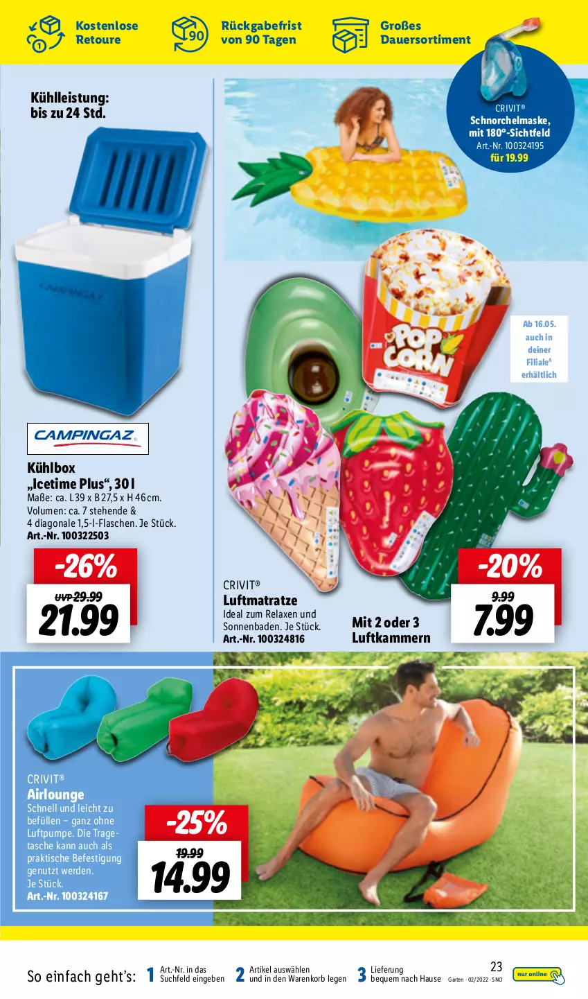 Aktueller Prospekt Lidl - Gartenmagazin 2022 - von 04.04 bis 15.05.2022 - strona 23 - produkty: auer, axe, Bad, crivit, eis, erde, flasche, Garten, korb, kühlbox, luftmatratze, Maske, matratze, rel, Schnorchelmaske, Tasche, Ti, tisch, tragetasche