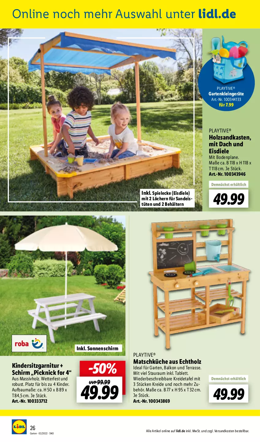 Aktueller Prospekt Lidl - Gartenmagazin 2022 - von 04.04 bis 15.05.2022 - strona 26 - produkty: Bau, Behälter, eis, Eistüten, garnitur, Garten, Holz, Kinder, Kindersitz, Kreide, küche, massivholz, ndk, Sandkasten, sonnenschirm, Spiele, tablet, tablett, Ti, Tüte